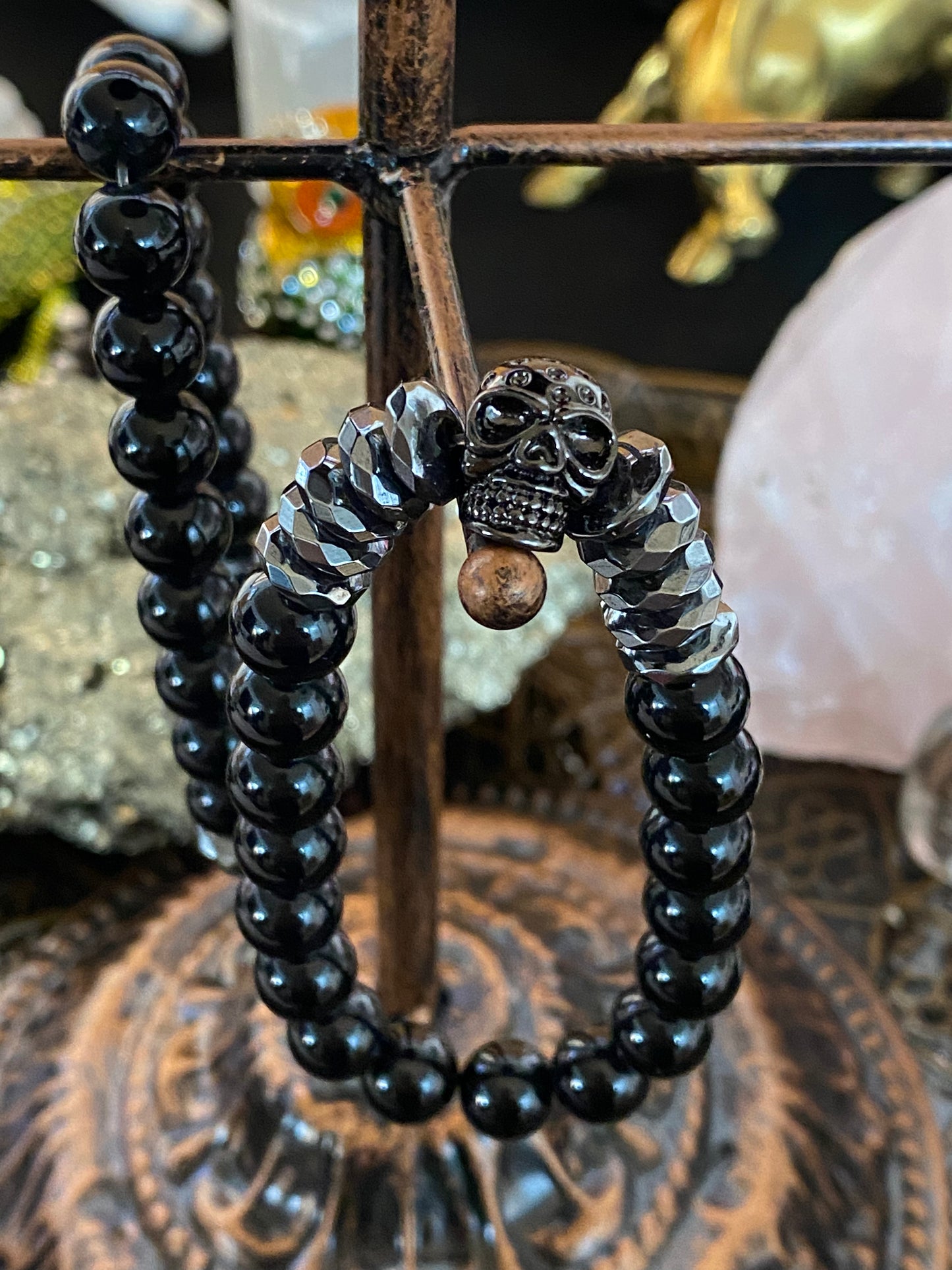 Obsidian and Hematite with Skull Metal Charm - Healing lotus shop