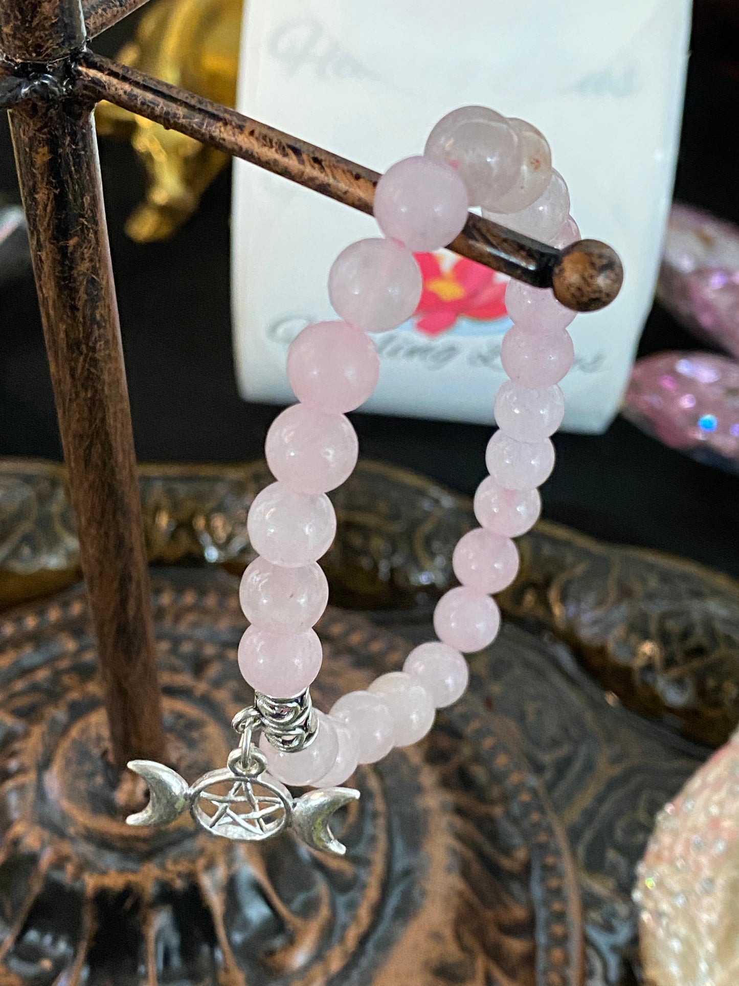 Rose Quartz Gemstone Bracelet With Triple Moon Charm