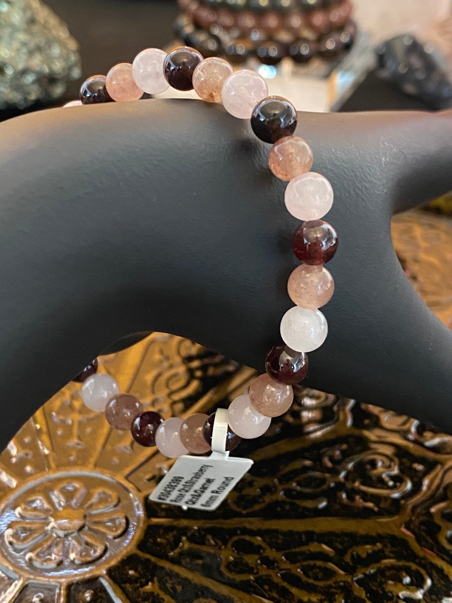 Rose Quartz, Strawberry Quartz and Garnet Beaded String Bracelet