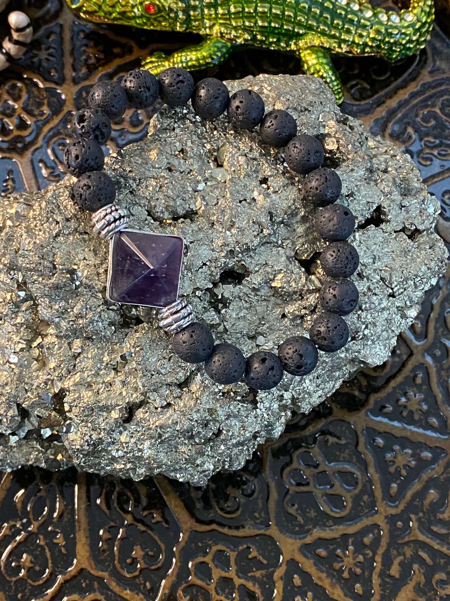 Lava Rock Gemstone Bracelet With Amethyst Pyramid