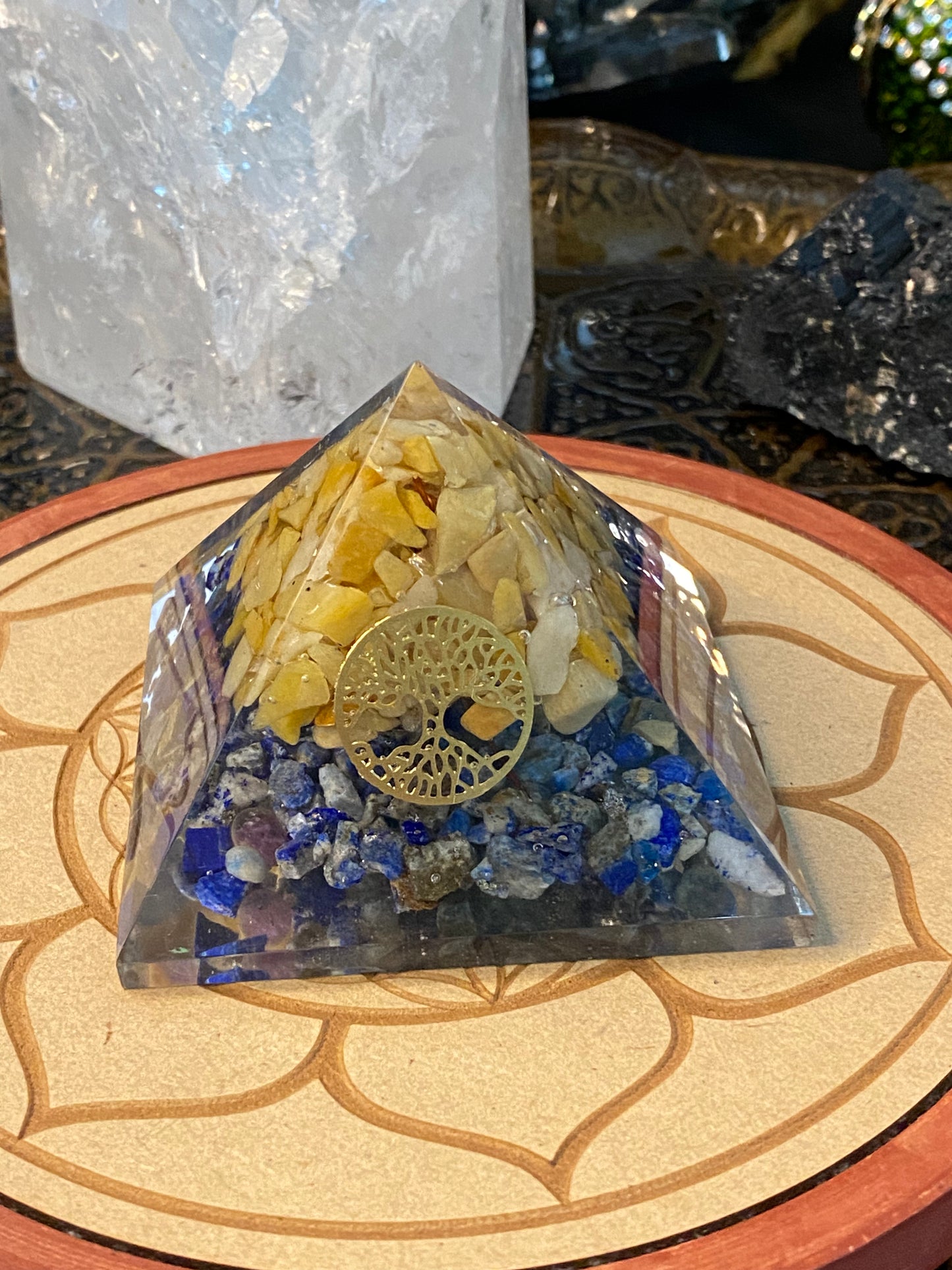 Orgonite Pyramid Lapis Lazuli with Yellow Aventurine & Tree Of Life