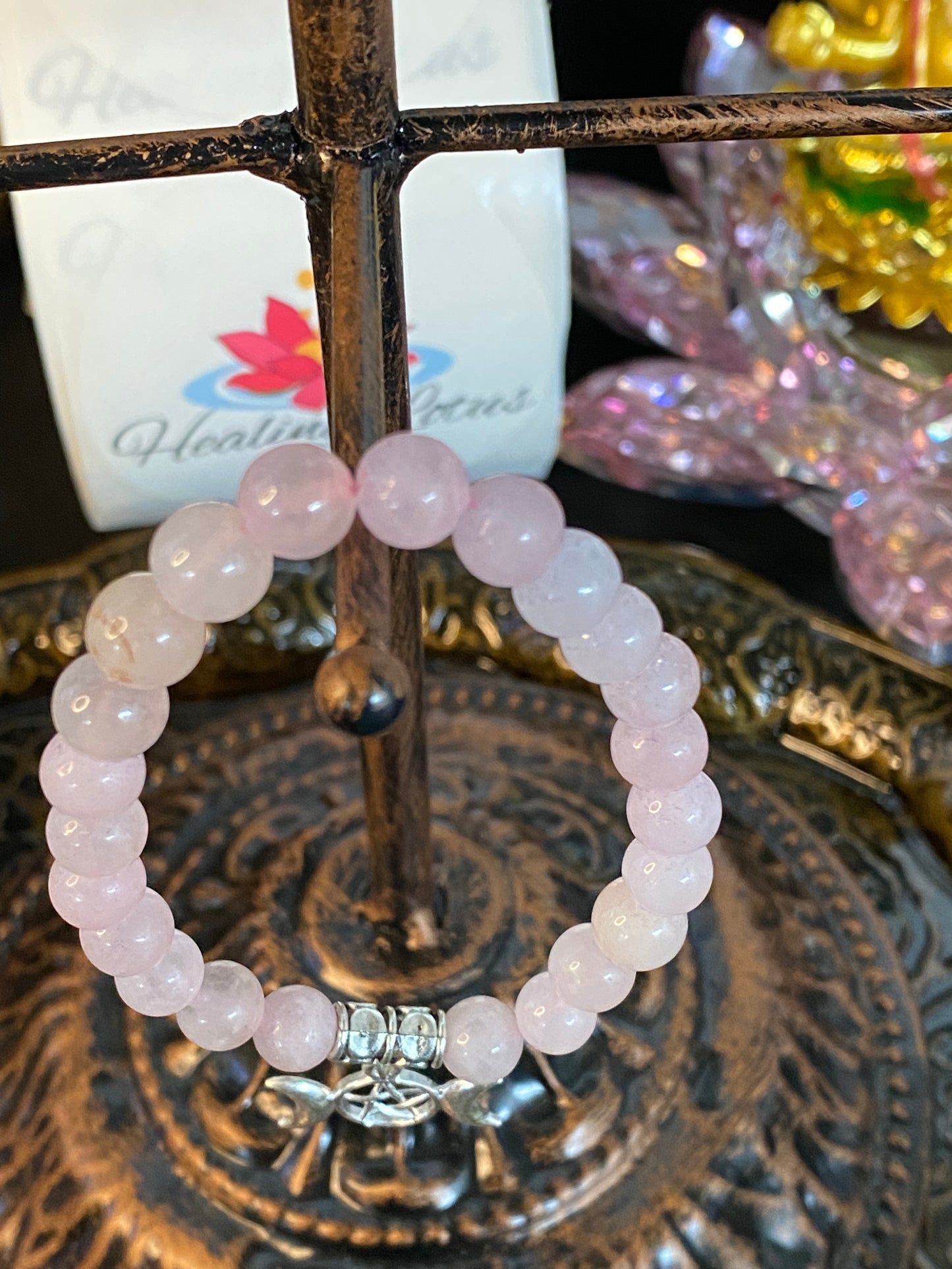 Rose Quartz Gemstone Bracelet With Triple Moon Charm