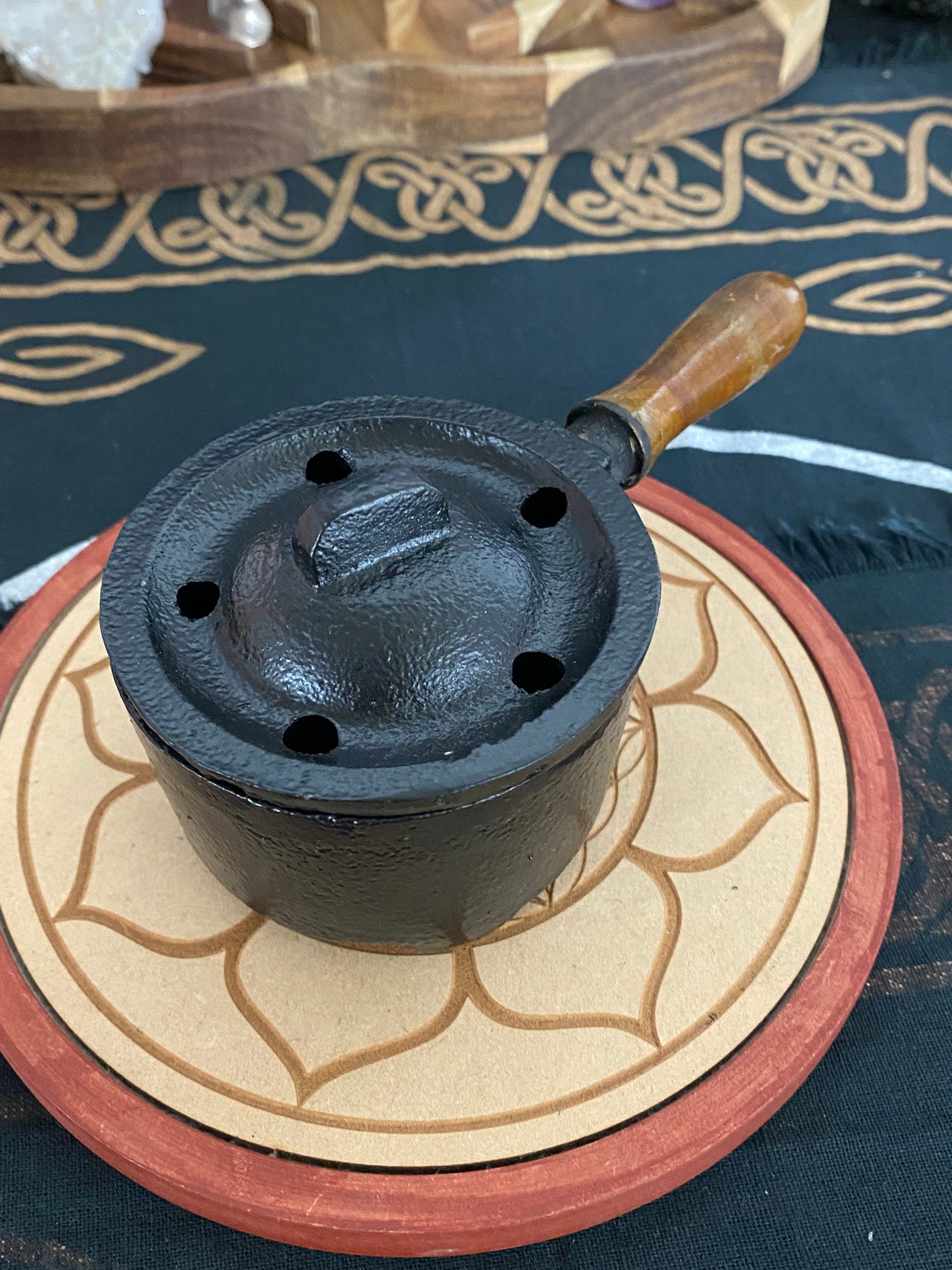 Small Cast Iron Cauldron with Wooden Handle