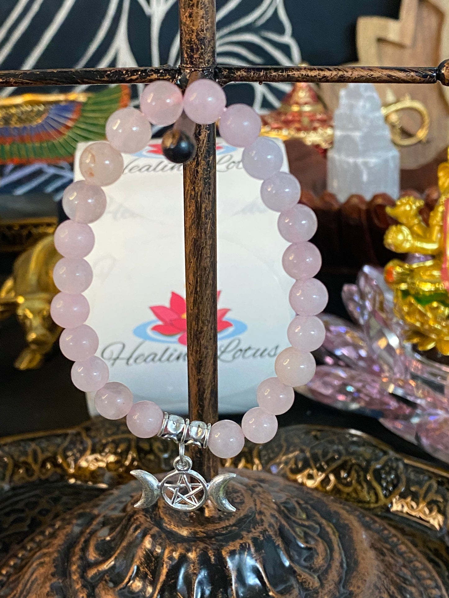 Rose Quartz Gemstone Bracelet With Triple Moon Charm