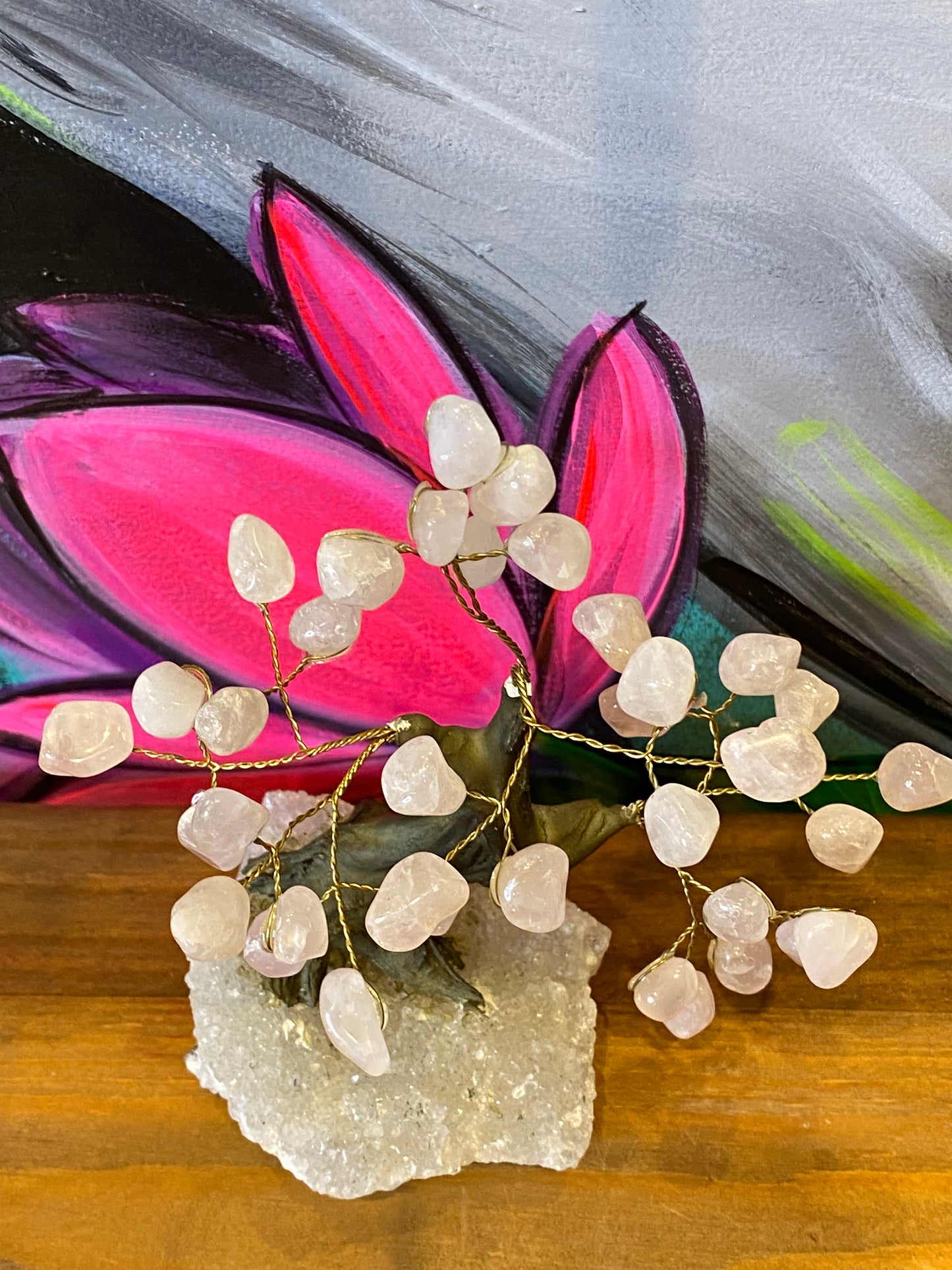 Bonsai Tree: Rose Quartz On Clear Quartz Cluster