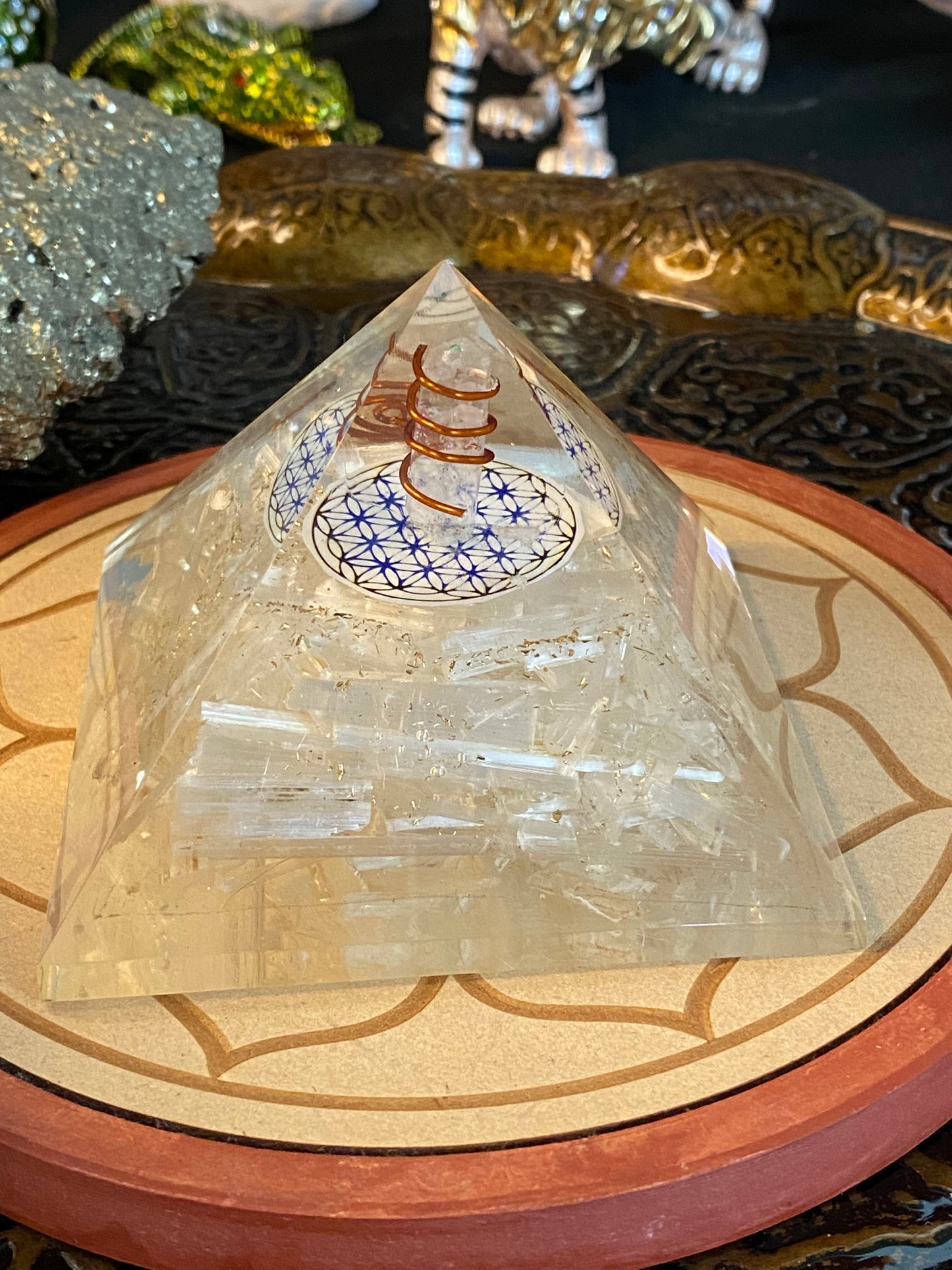 Orgonite Pyramid Large Selenite with Clear Quartz Point Flower Of Life Talisman and Gold Dust