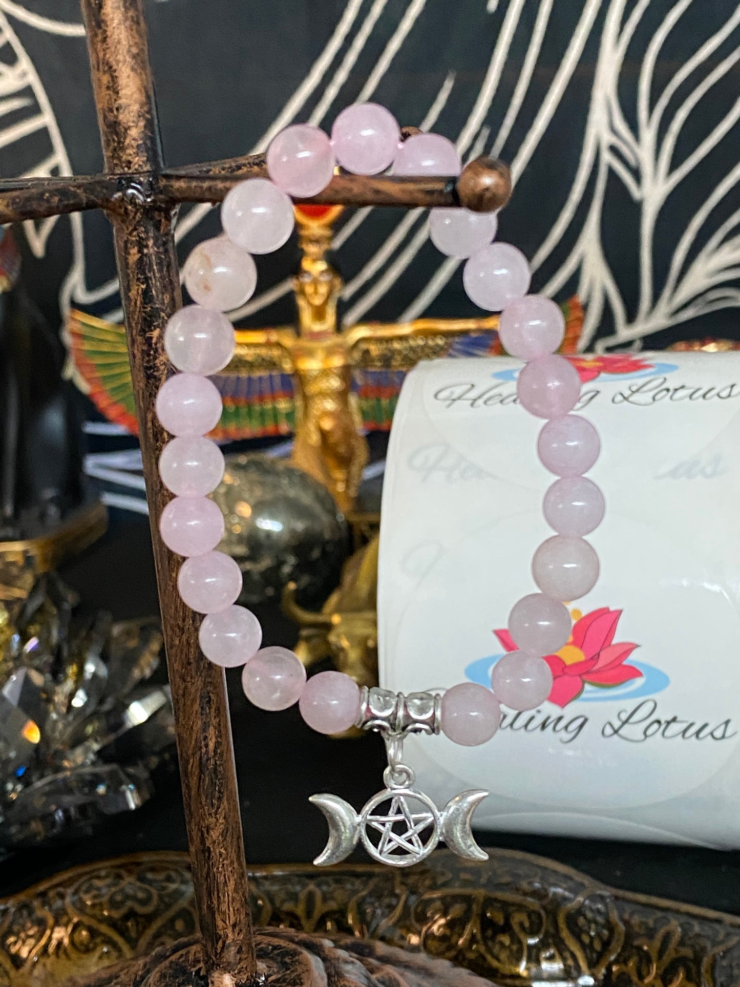 Rose Quartz Gemstone Bracelet With Triple Moon Charm