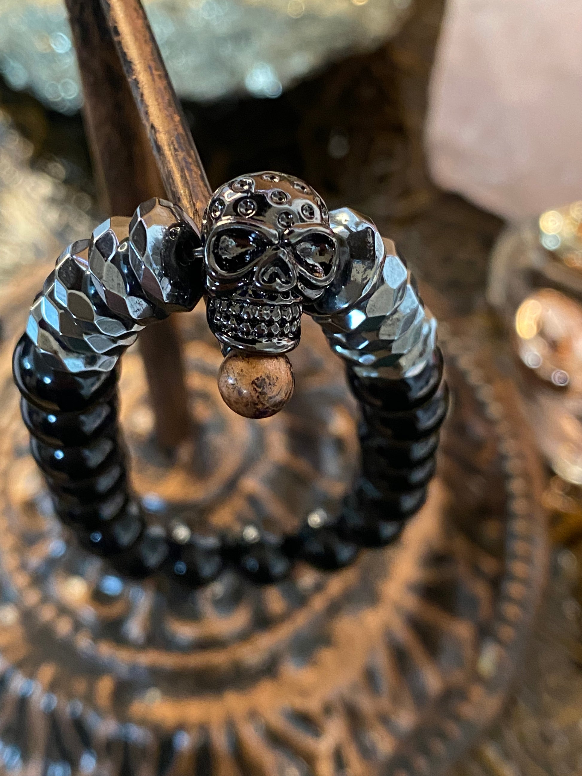 Obsidian and Hematite with Skull Metal Charm - Healing lotus shop