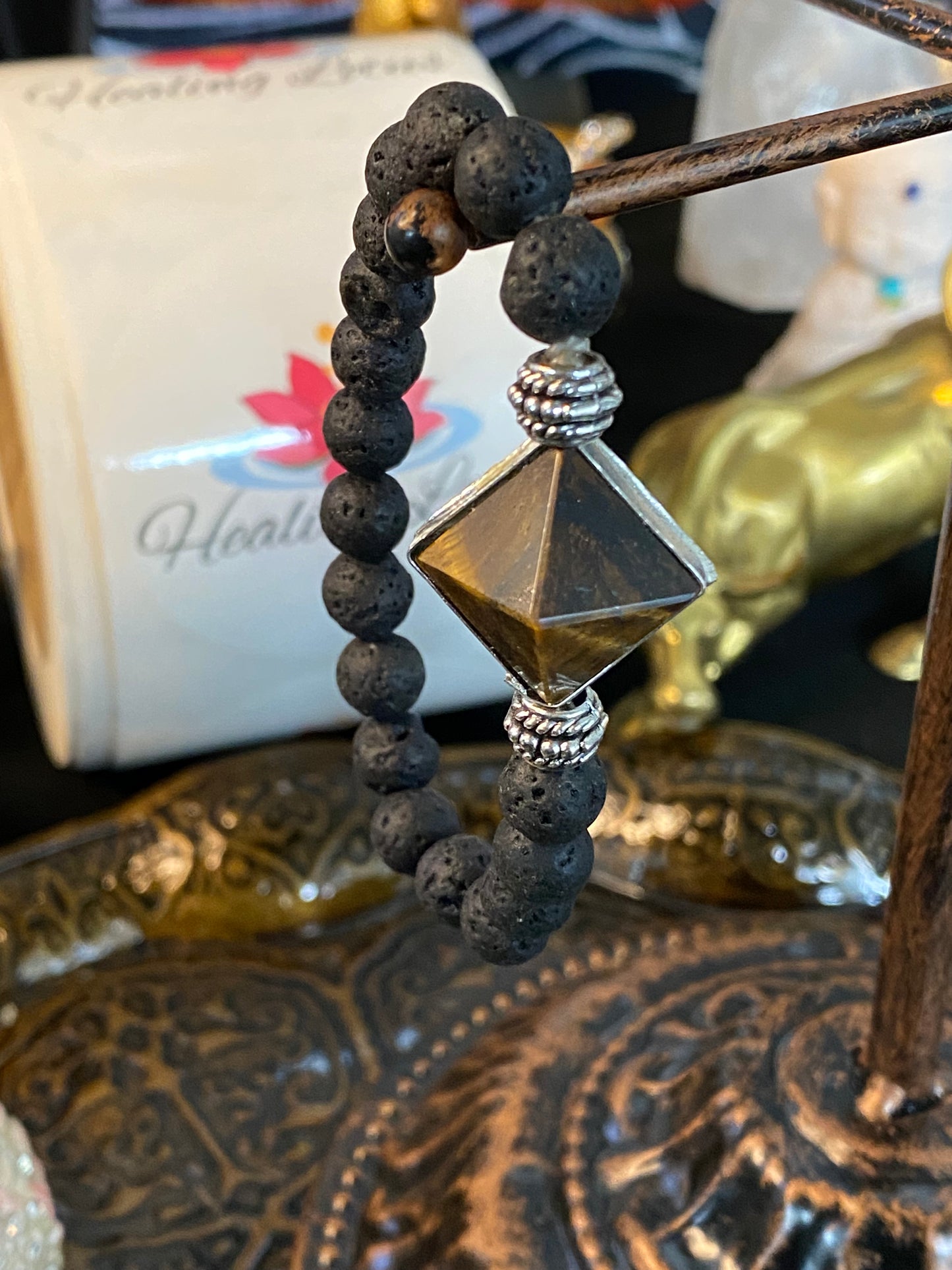 Lava Rock Gemstone Bracelet With Tiger Eye Pyramid