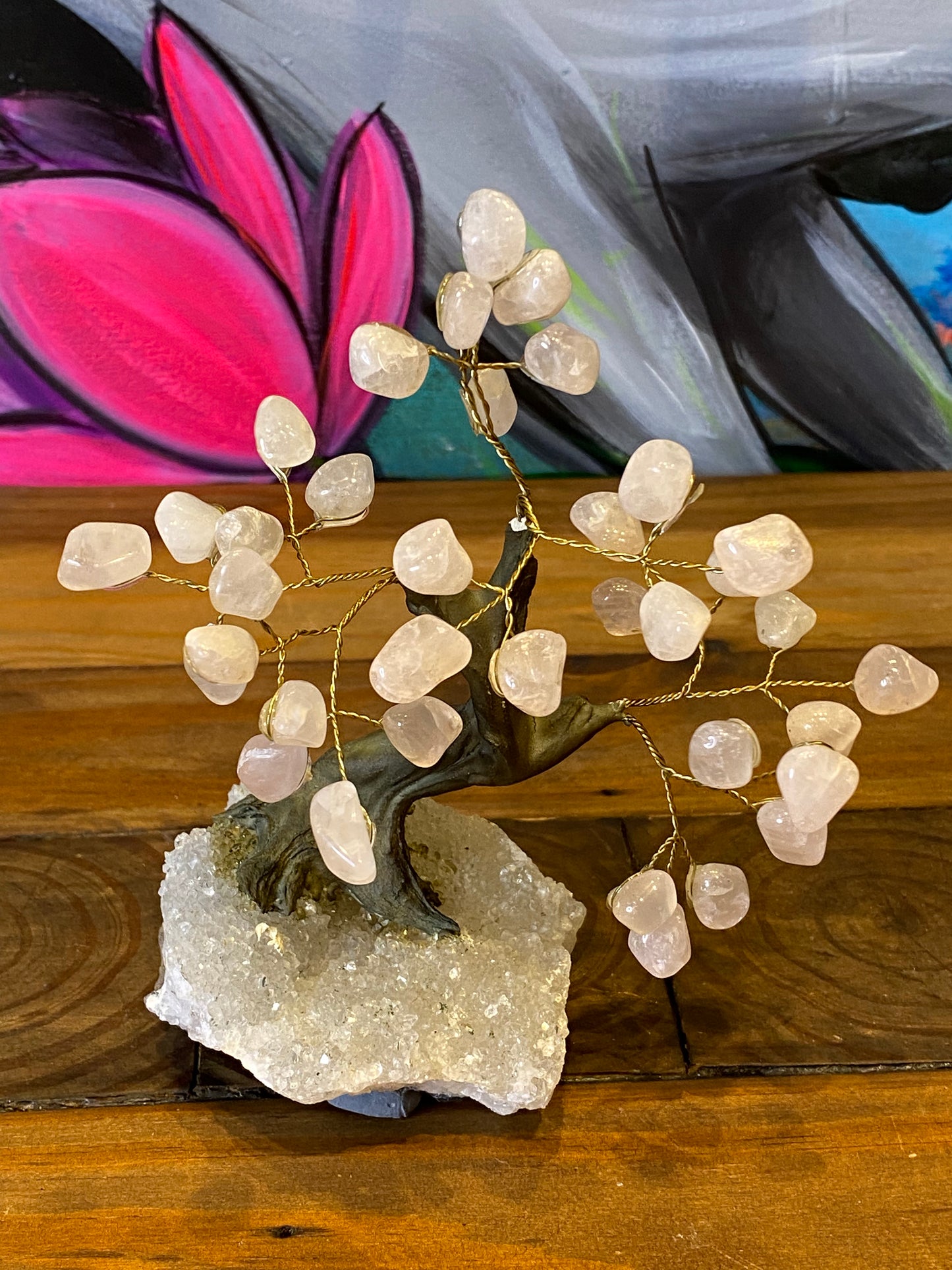 Bonsai Tree: Rose Quartz On Clear Quartz Cluster