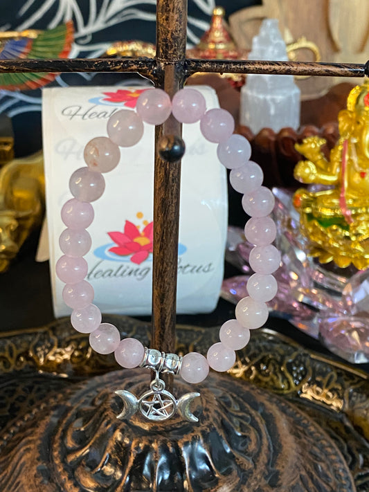 Rose Quartz Gemstone Bracelet With Triple Moon Charm