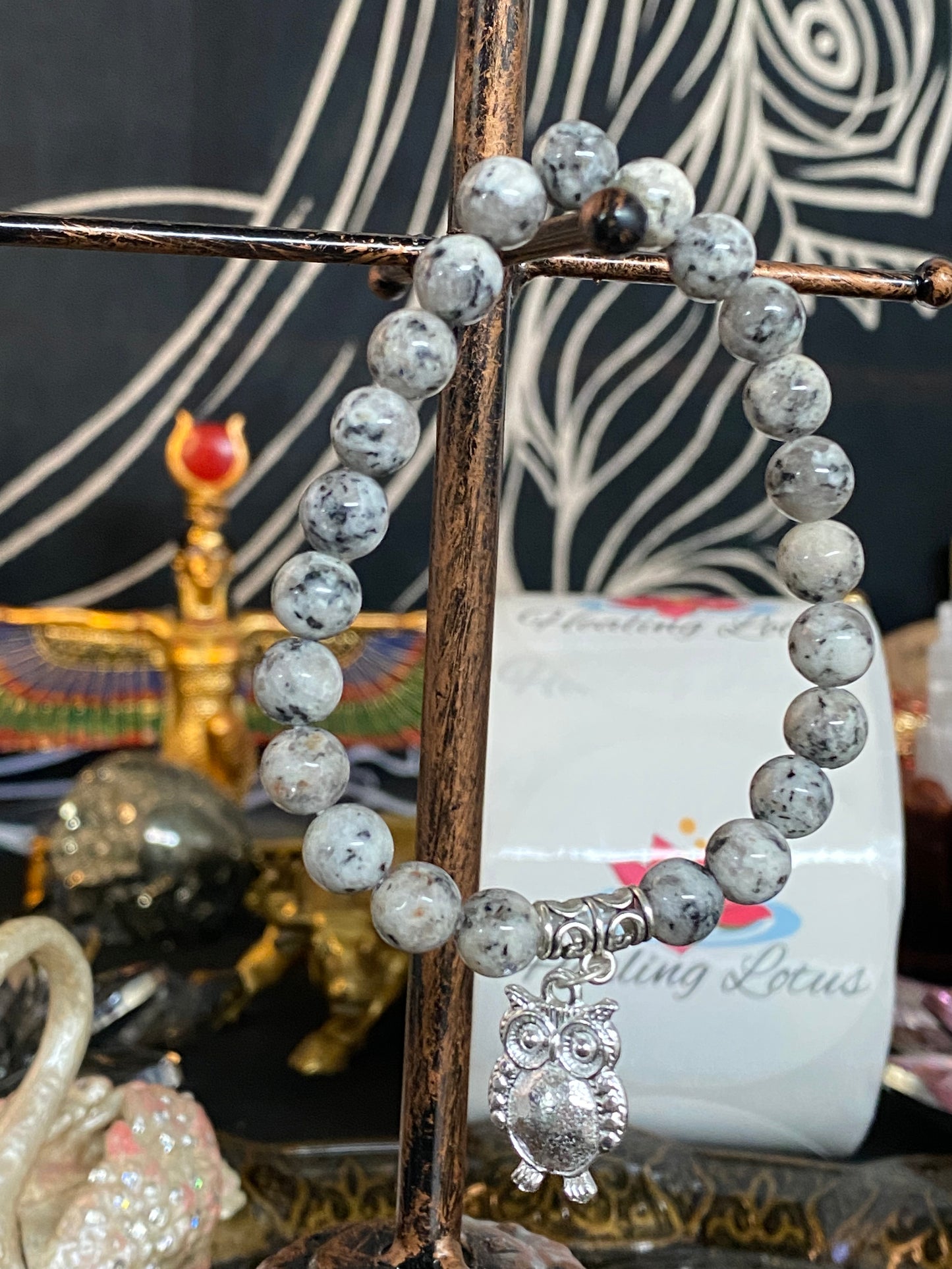 Black Sesame Gemstone Bracelet With Owl Charm