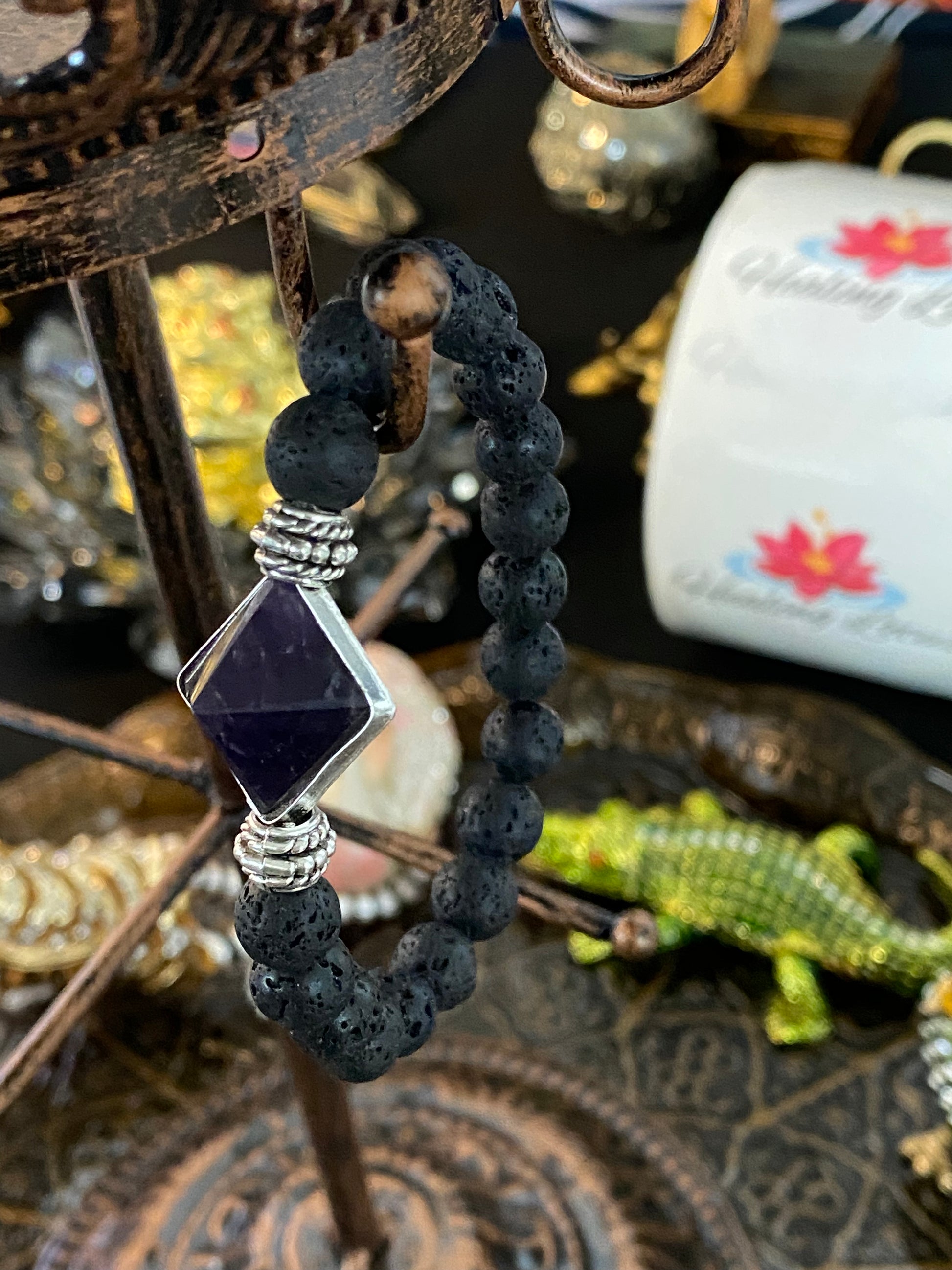 Lava Rock Gemstone Bracelet With Amethyst Pyramid