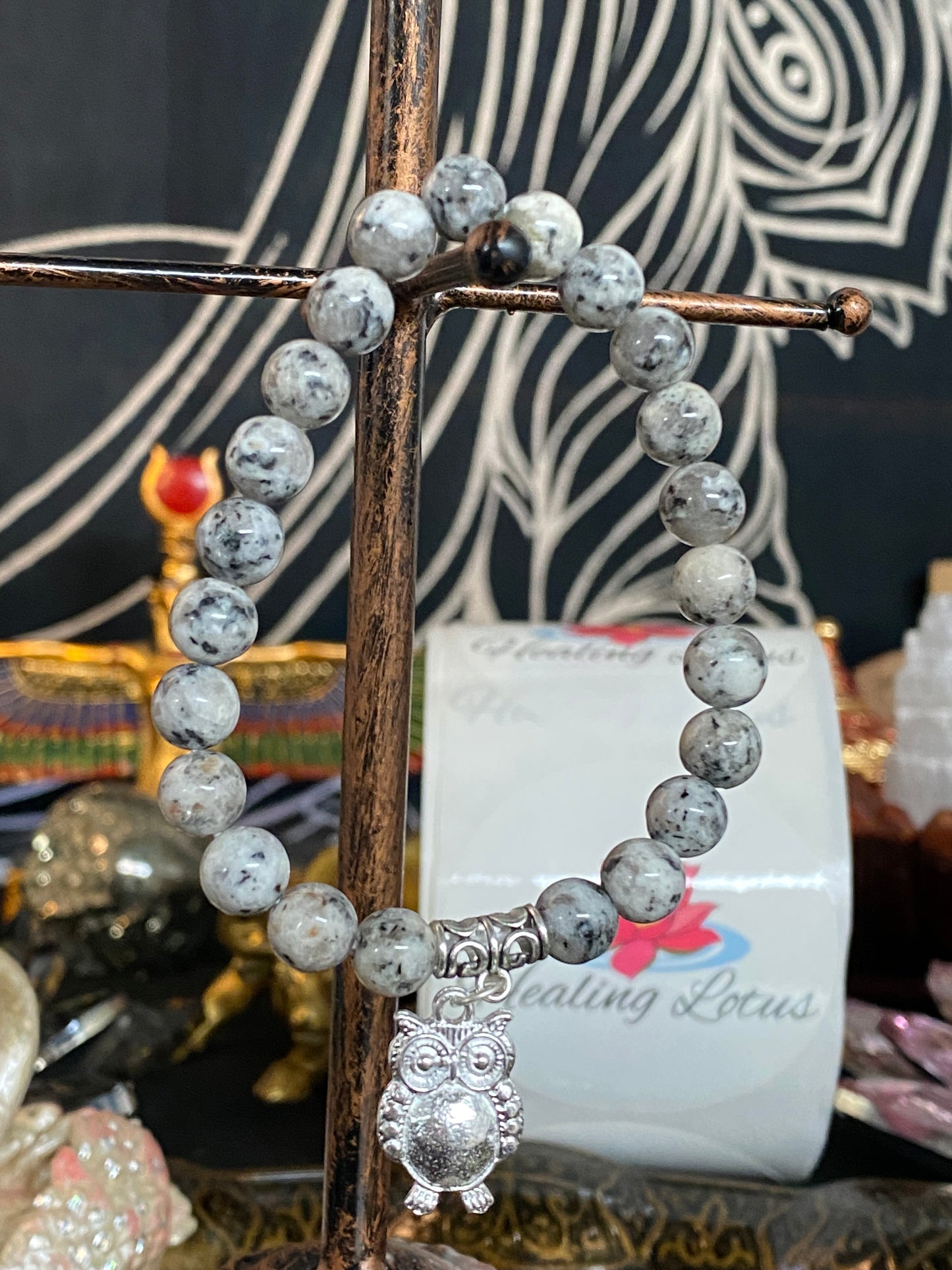 Black Sesame Gemstone Bracelet With Owl Charm