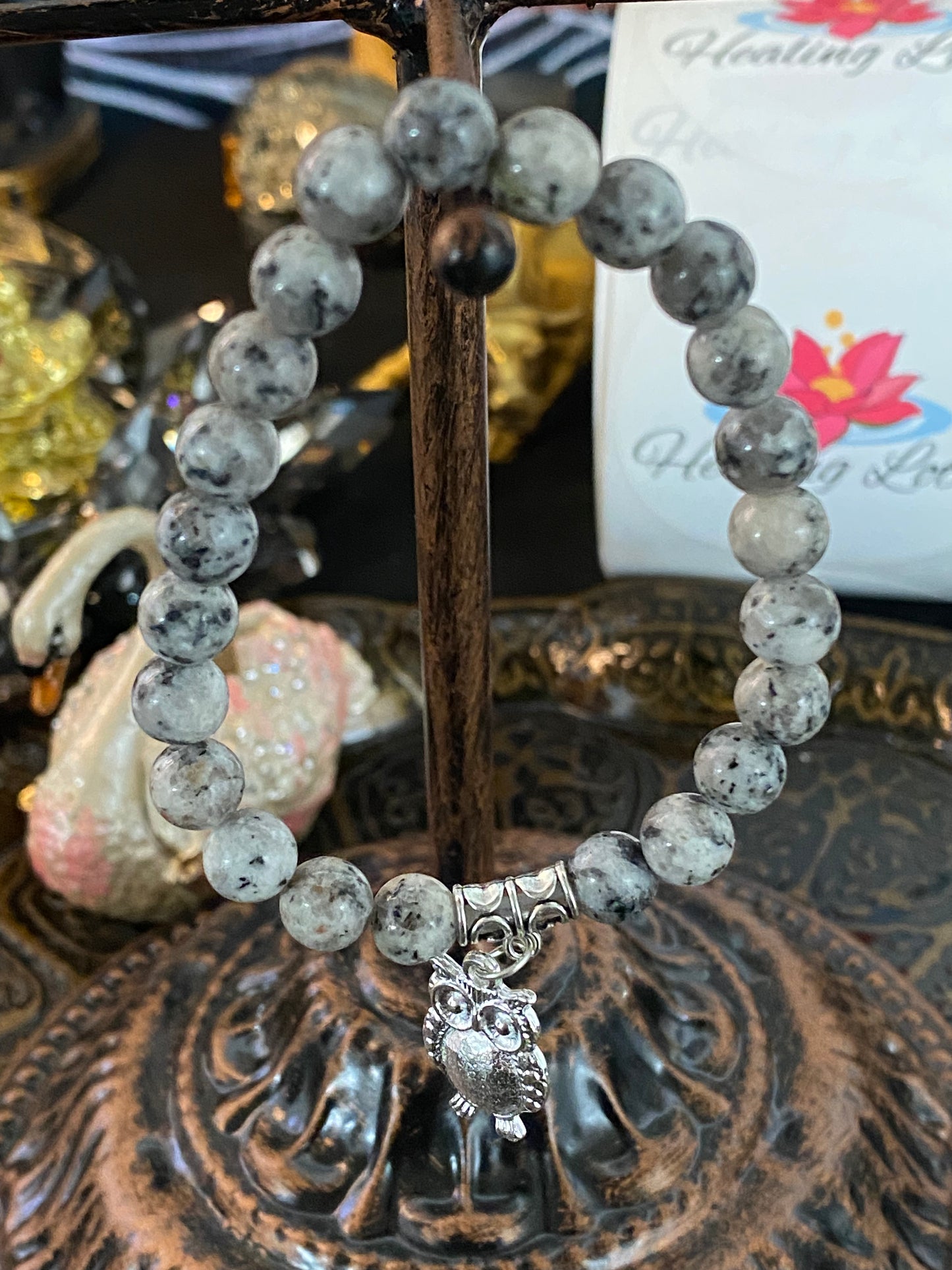 Black Sesame Gemstone Bracelet With Owl Charm