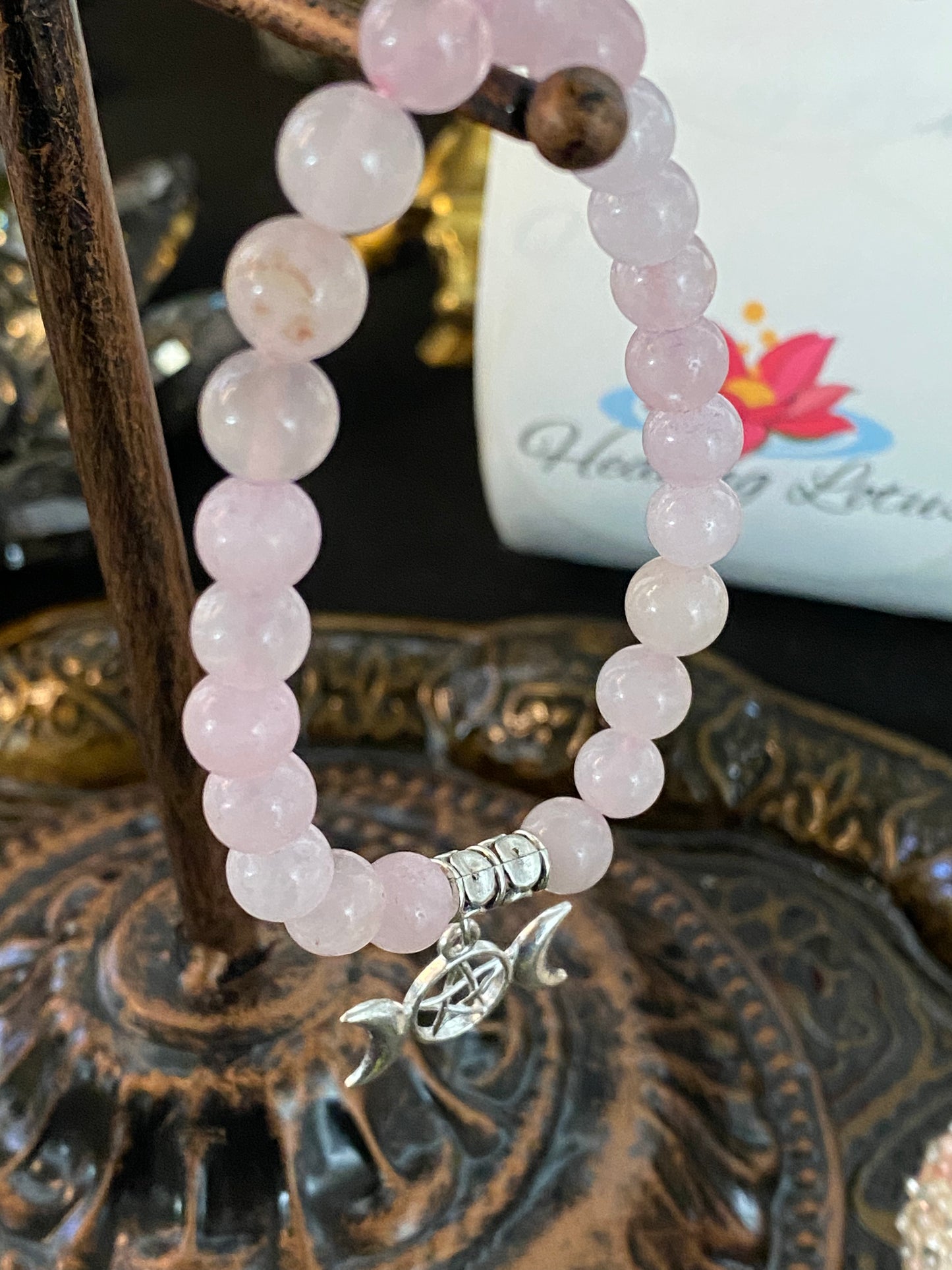 Rose Quartz Gemstone Bracelet With Triple Moon Charm