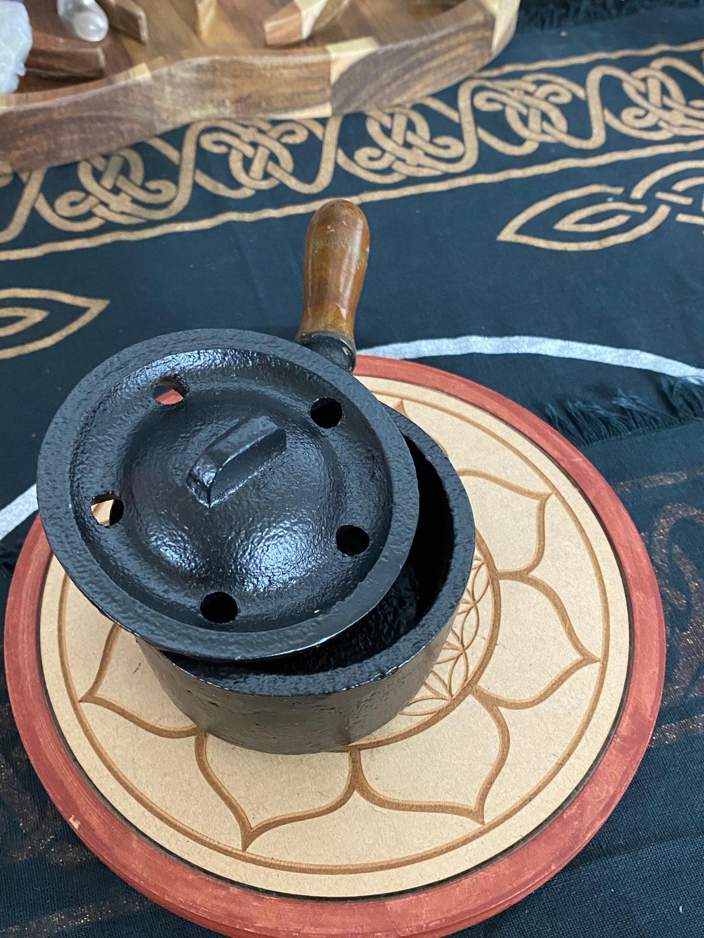 Small Cast Iron Cauldron with Wooden Handle