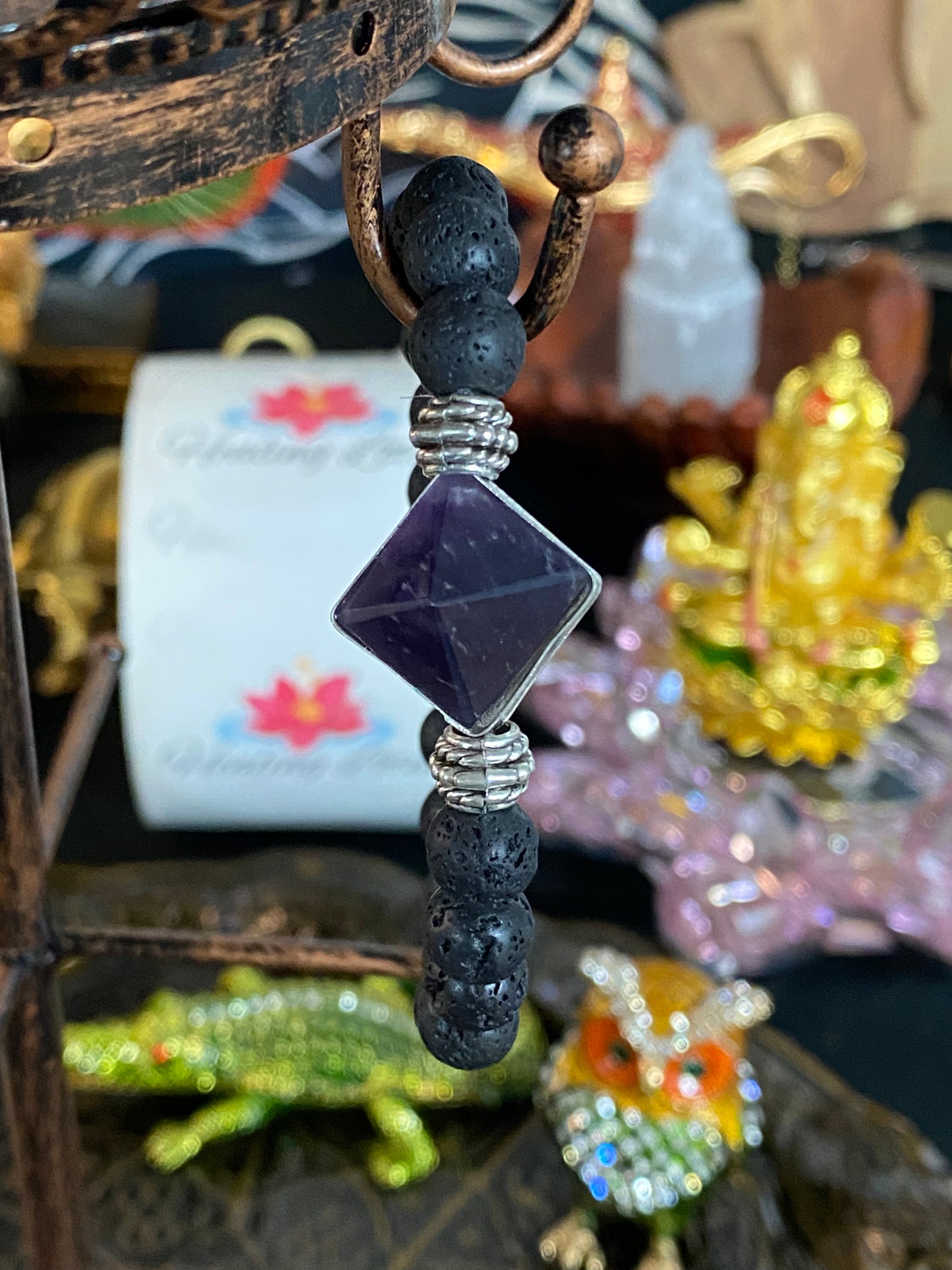 Lava Rock Gemstone Bracelet With Amethyst Pyramid