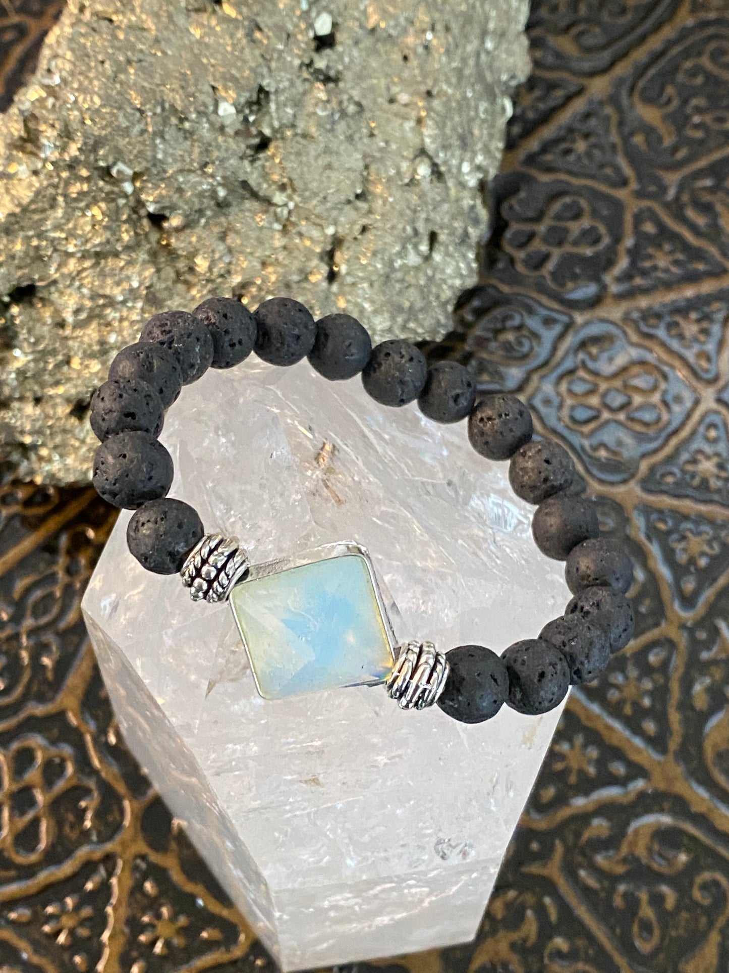 Lava Rock Gemstone Bracelet With Opalite Pyramid