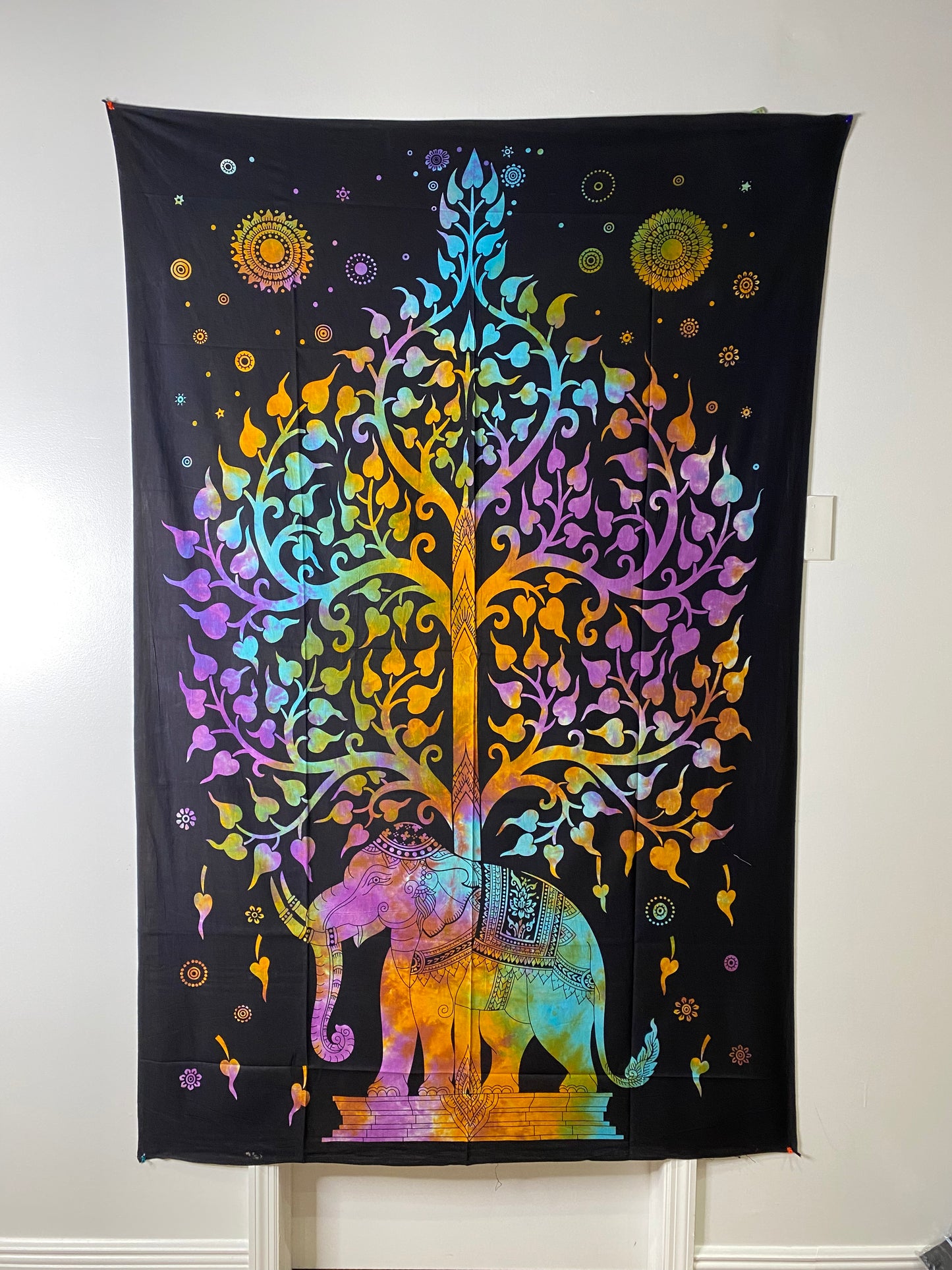 Dark Multi-Color Indian Elephant Bodhi Tree Tapestry