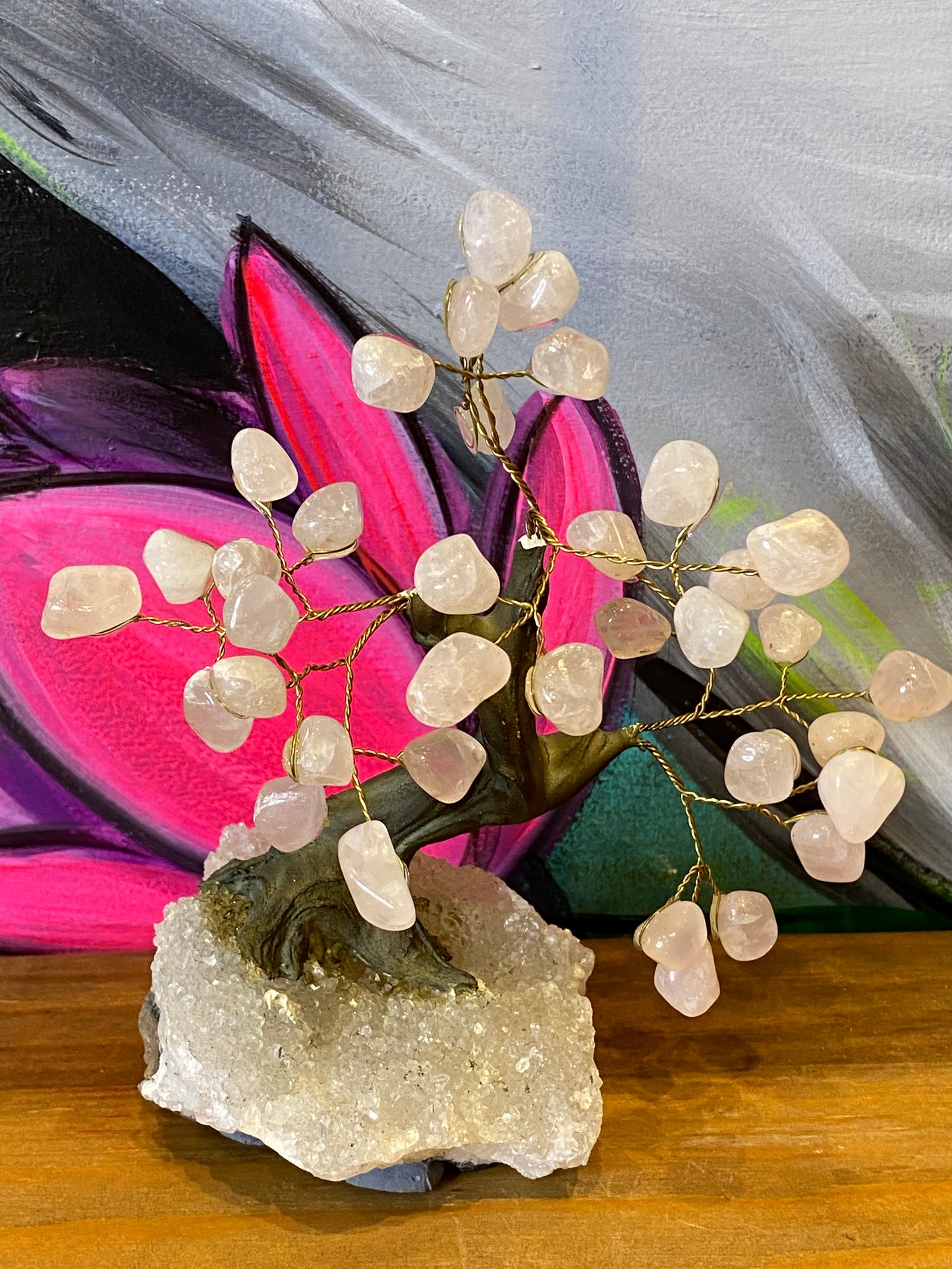 Bonsai Tree: Rose Quartz On Clear Quartz Cluster