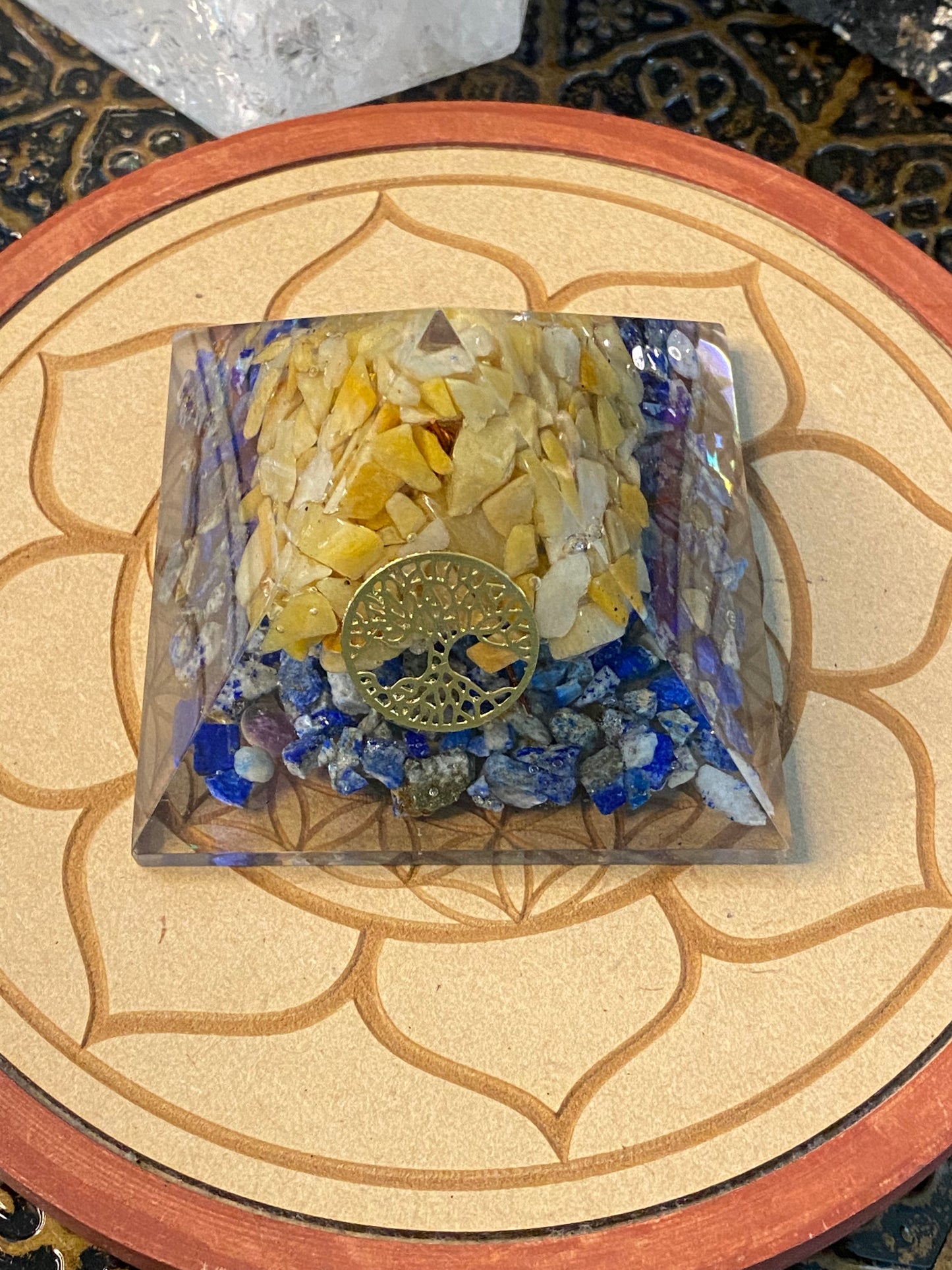 Orgonite Pyramid Lapis Lazuli with Yellow Aventurine & Tree Of Life