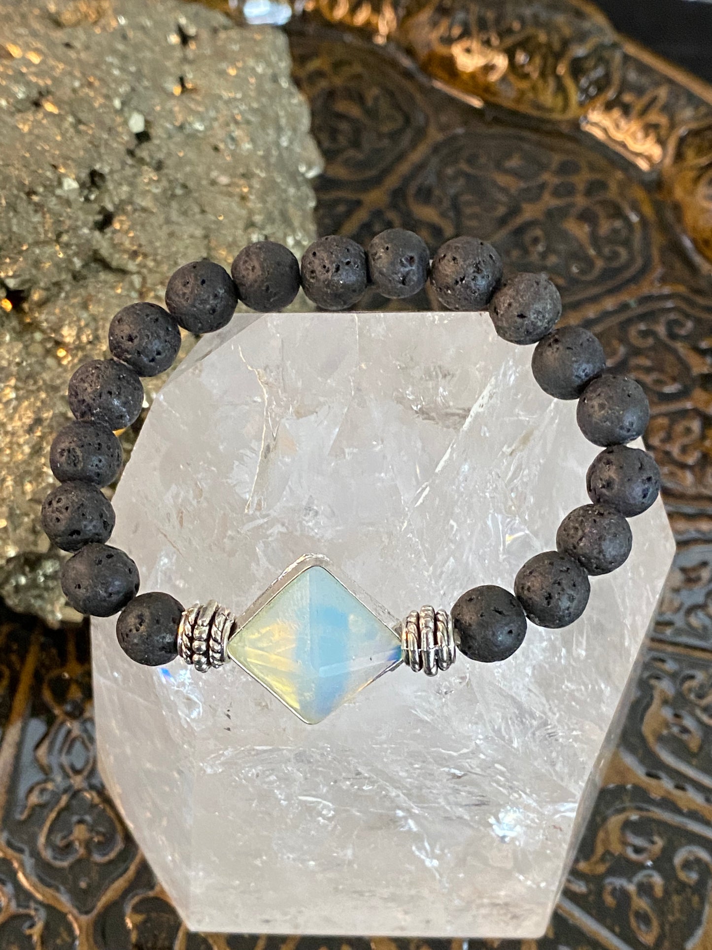 Lava Rock Gemstone Bracelet With Opalite Pyramid