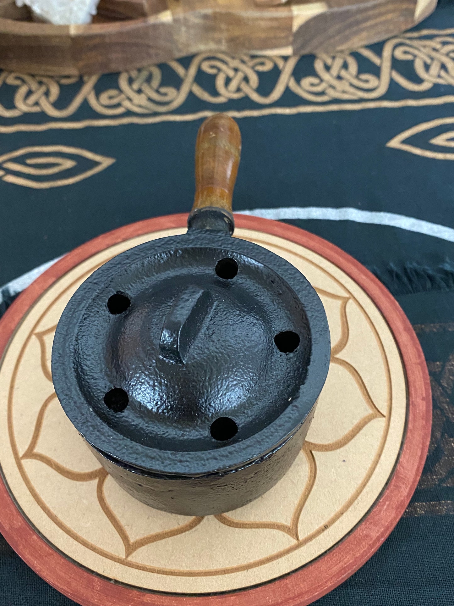 Small Cast Iron Cauldron with Wooden Handle