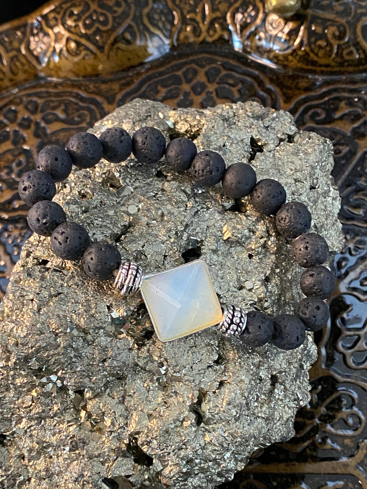 Lava Rock Gemstone Bracelet With Opalite Pyramid