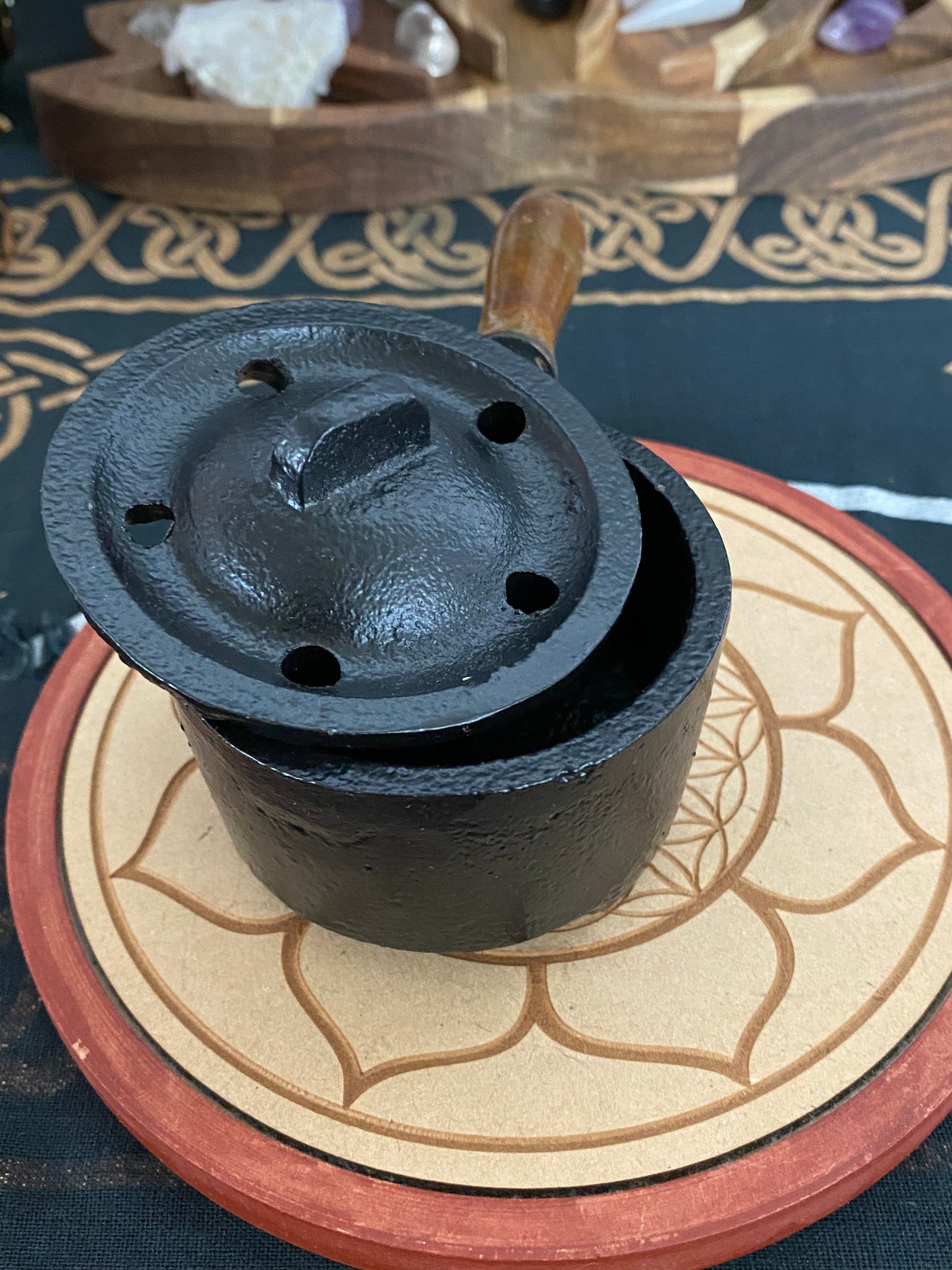 Small Cast Iron Cauldron with Wooden Handle