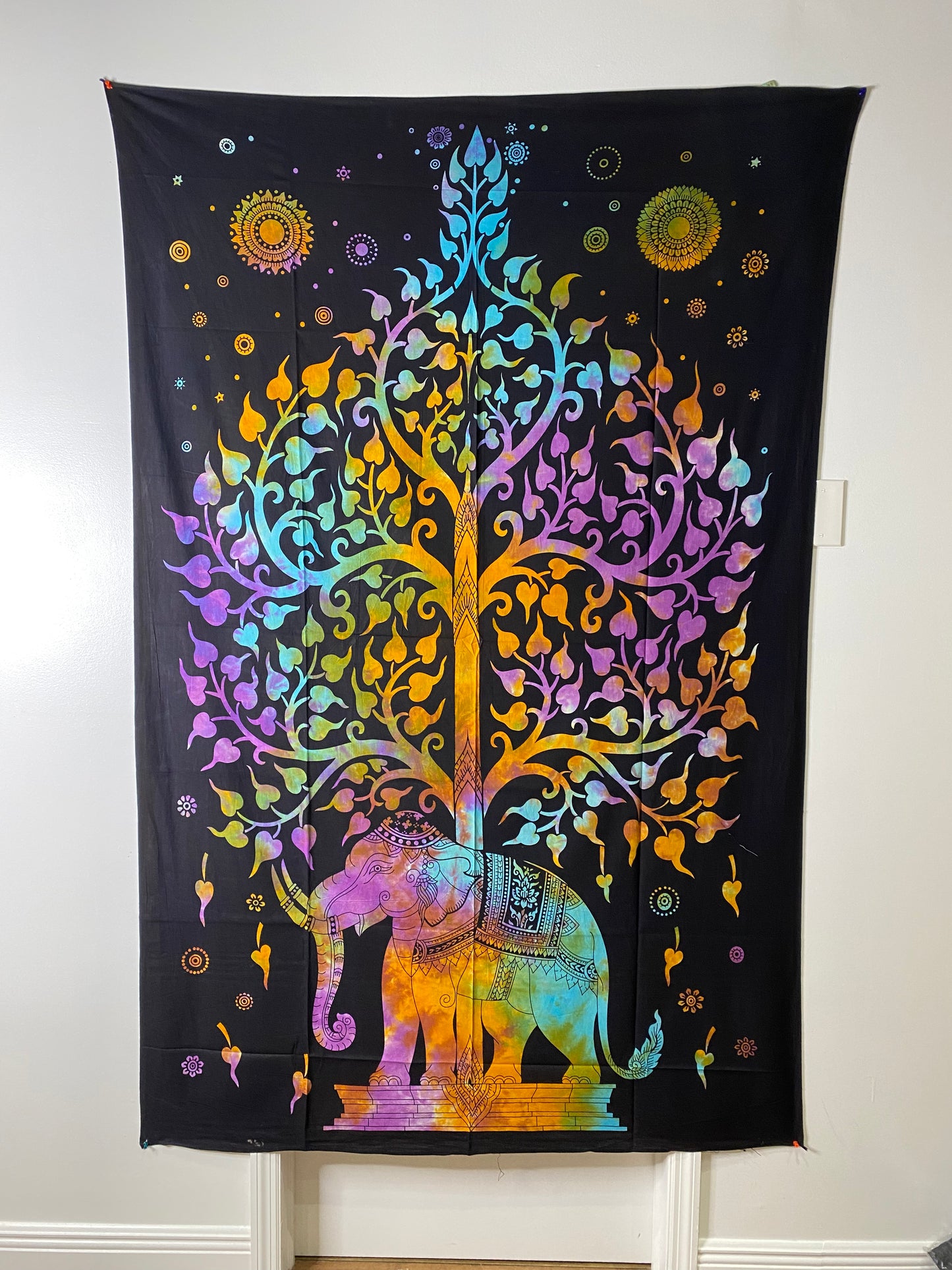 Dark Multi-Color Indian Elephant Bodhi Tree Tapestry