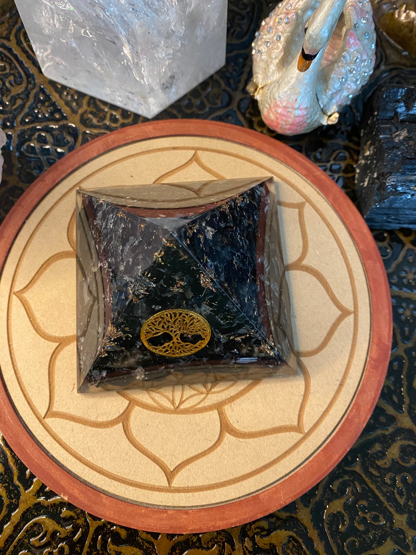 Orgonite Pyramid Large Black Tourmaline with Tree Of Life Emblem and Gold Dust