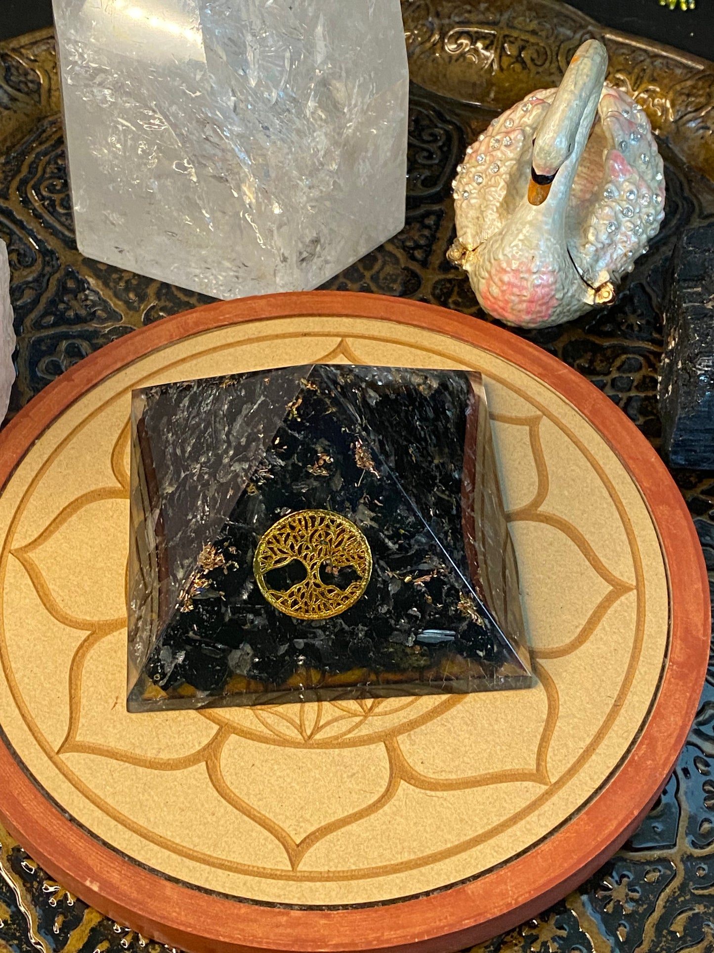 Orgonite Pyramid Large Black Tourmaline with Tree Of Life Emblem and Gold Dust