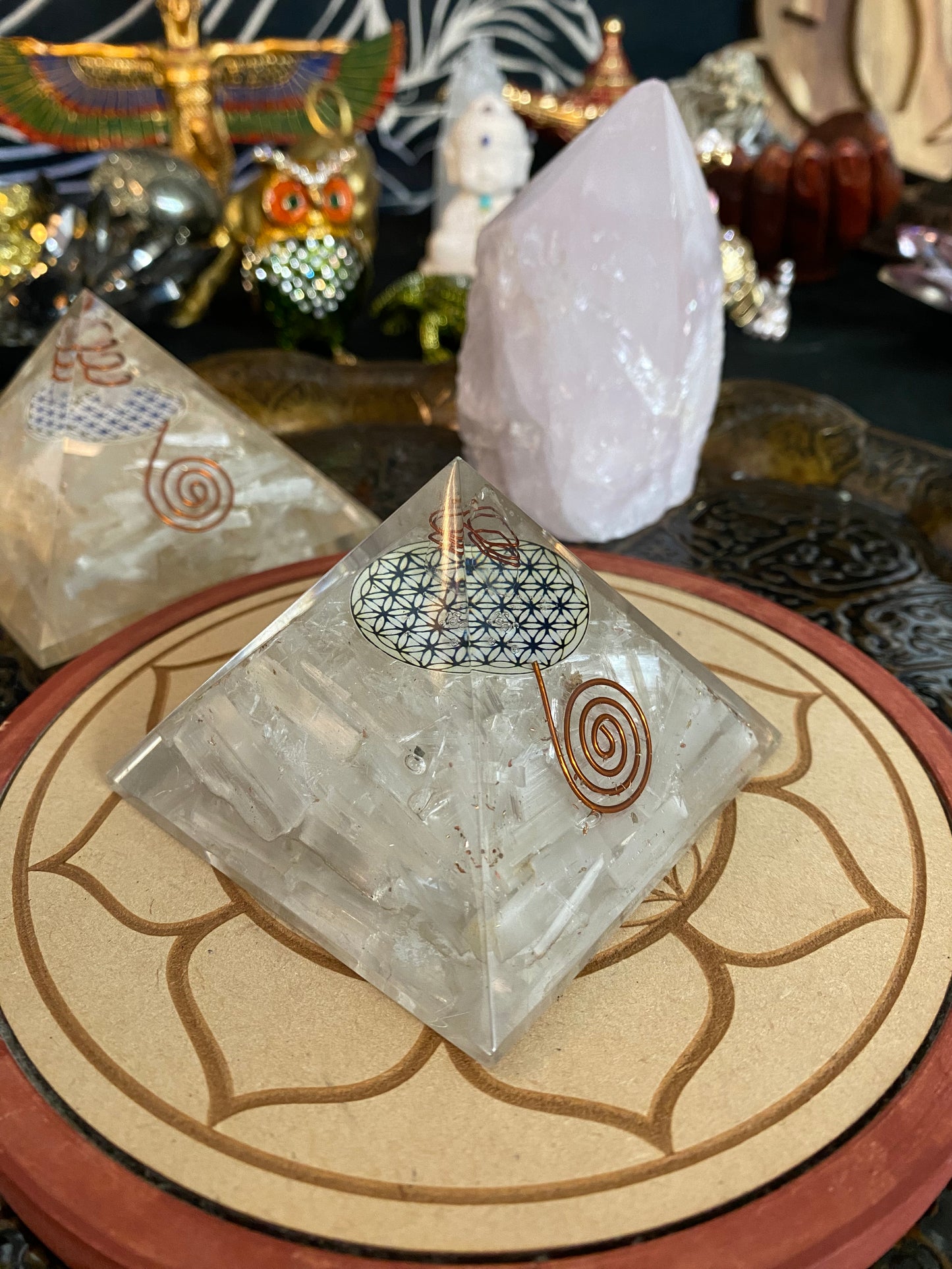 Orgonite Pyramid Selenite, Flower Of Life and Clear Quartz Point Talisman and Gold Dust