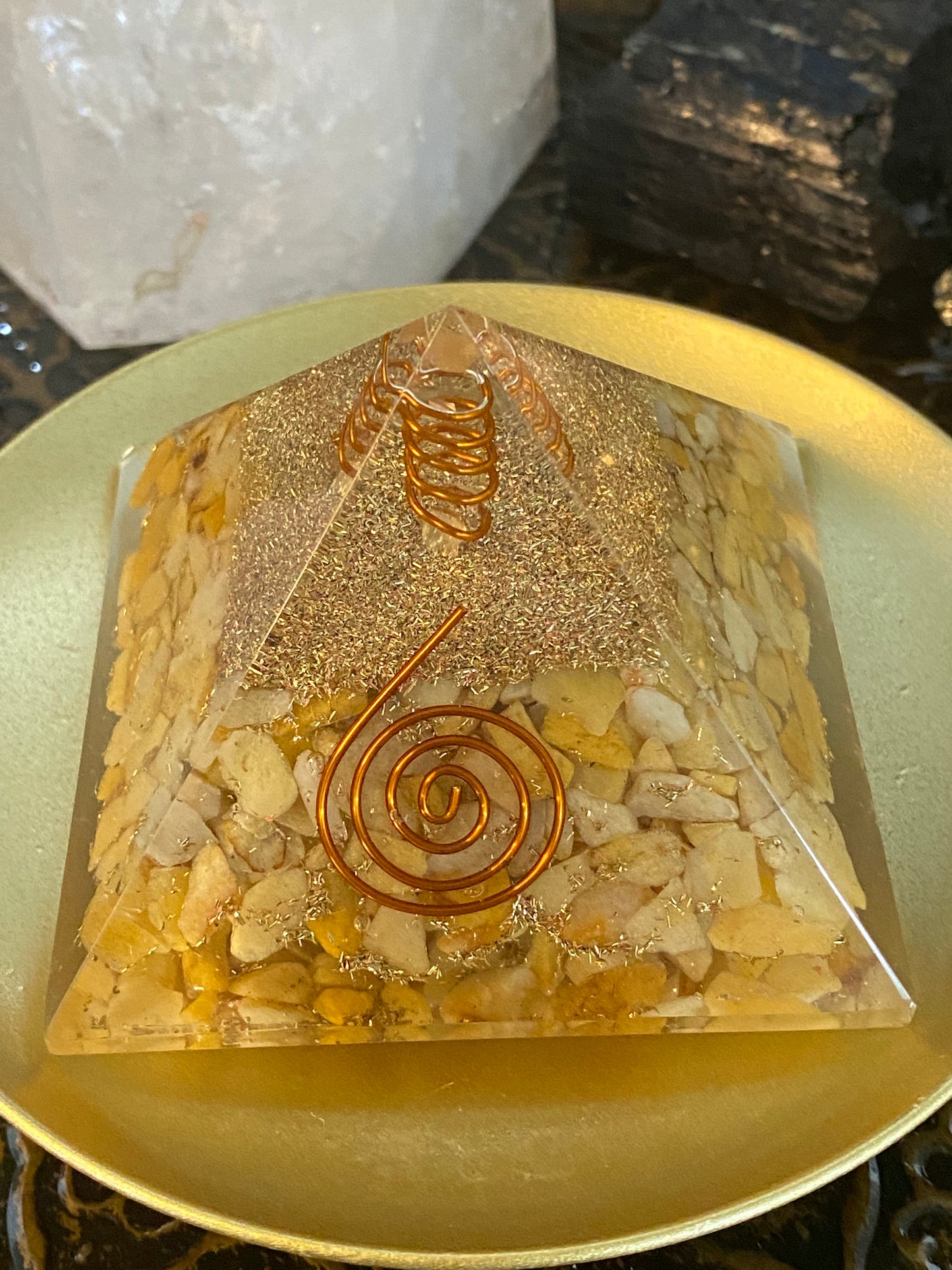 Orgonite Pyramid Yellow Aventurine with Copper Coil Clear Quartz Point And Gold Dust