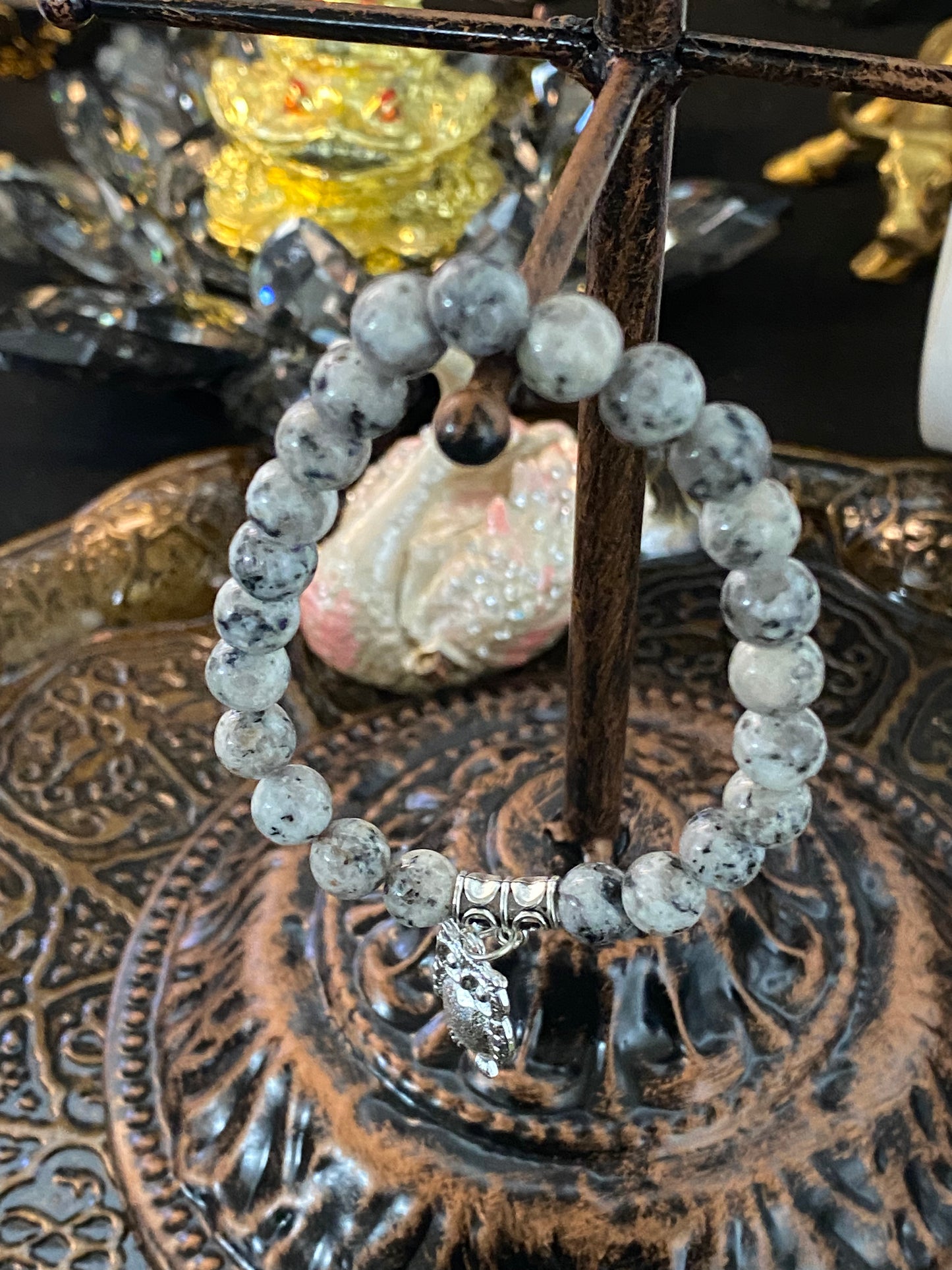 Black Sesame Gemstone Bracelet With Owl Charm