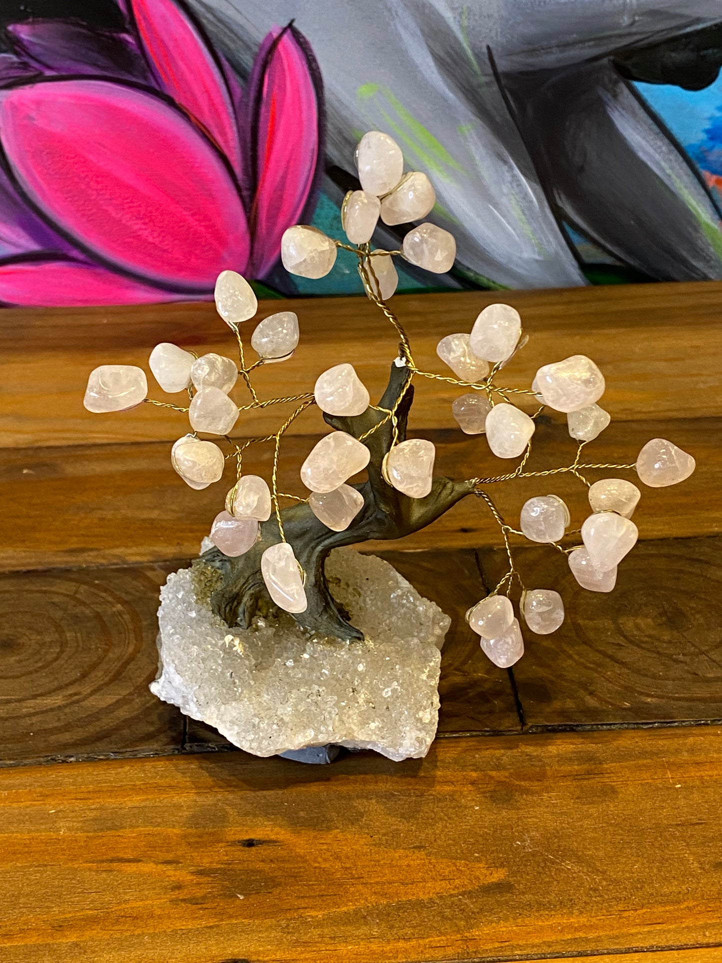 Bonsai Tree: Rose Quartz On Clear Quartz Cluster