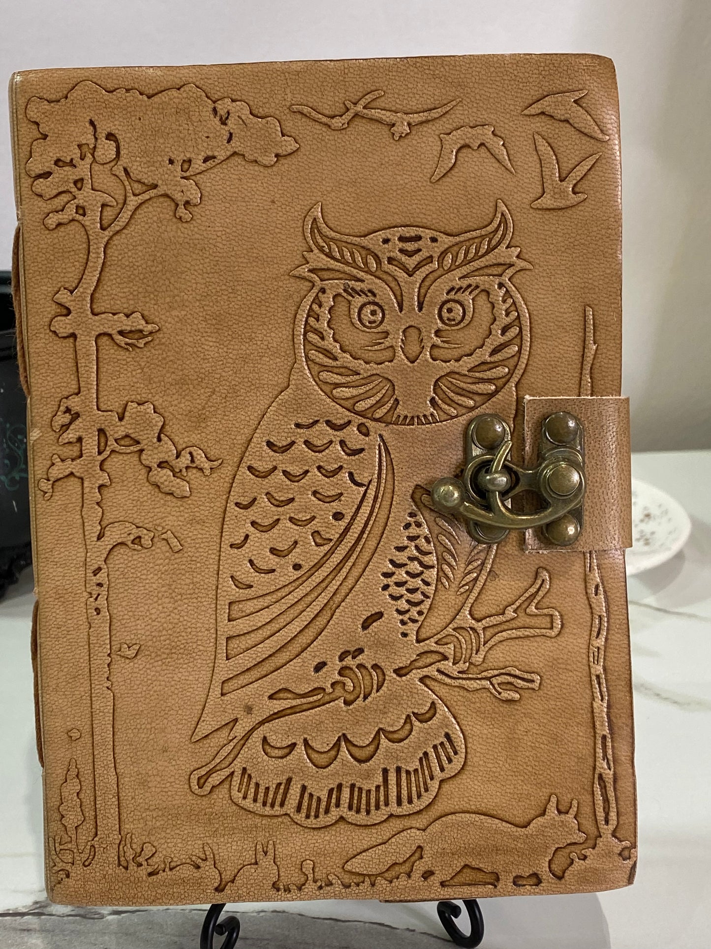 Owl in Jungle leather w/ Latch Paper Journal Book