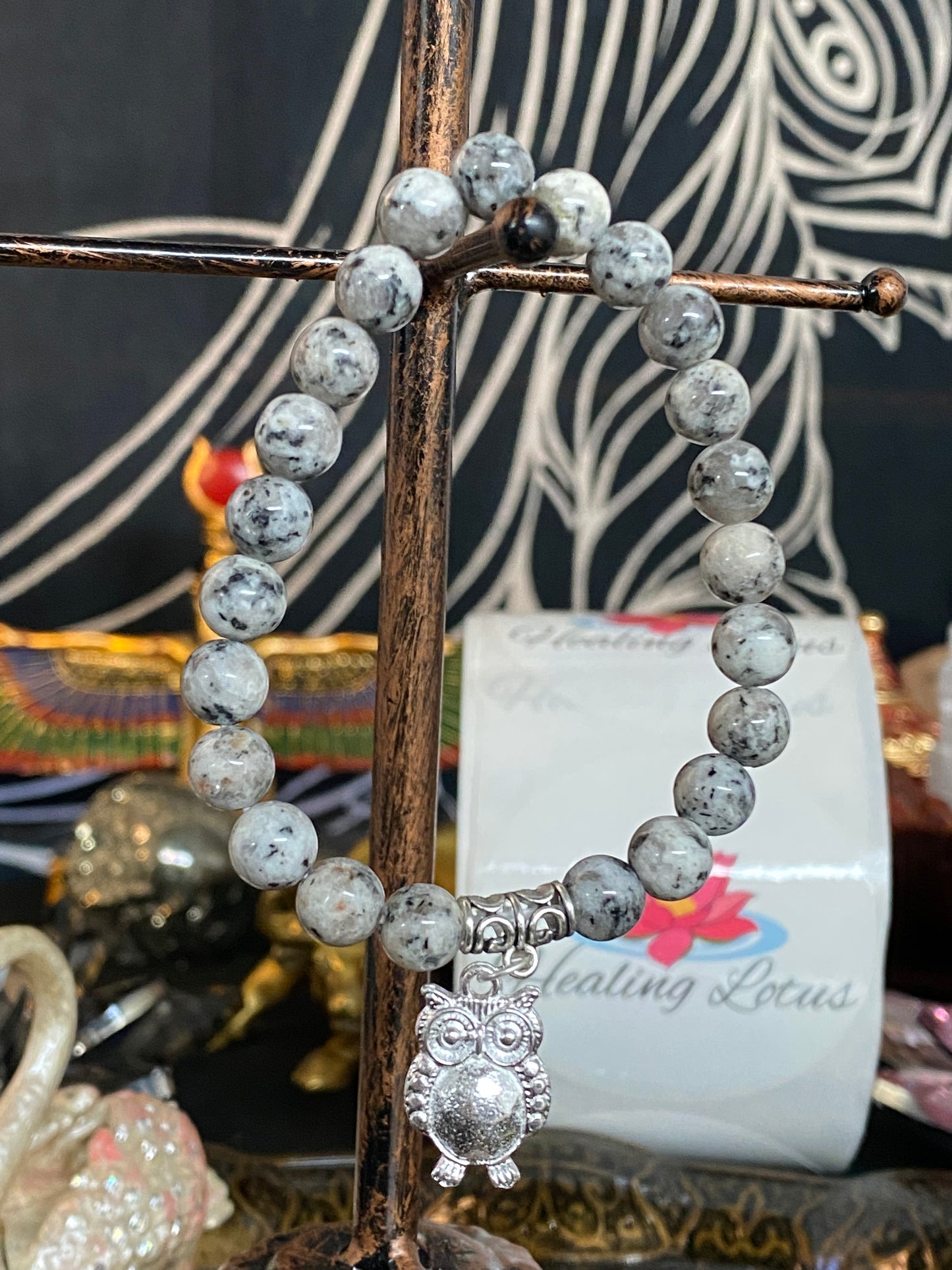 Black Sesame Gemstone Bracelet With Owl Charm