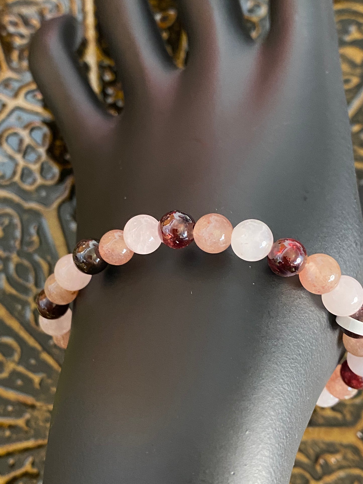 Rose Quartz, Strawberry Quartz and Garnet Beaded String Bracelet