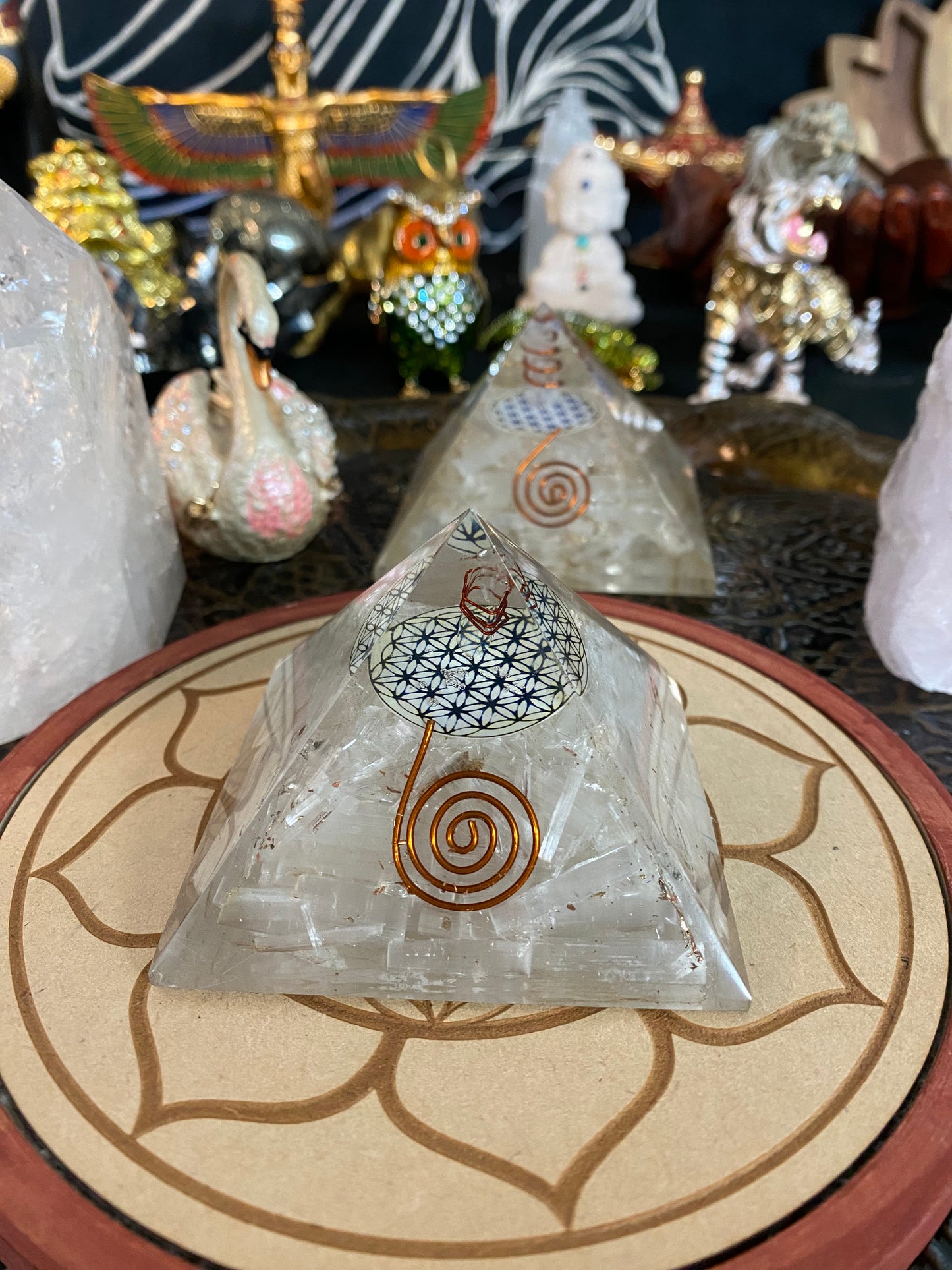 Orgonite Pyramid Selenite, Flower Of Life and Clear Quartz Point Talisman and Gold Dust